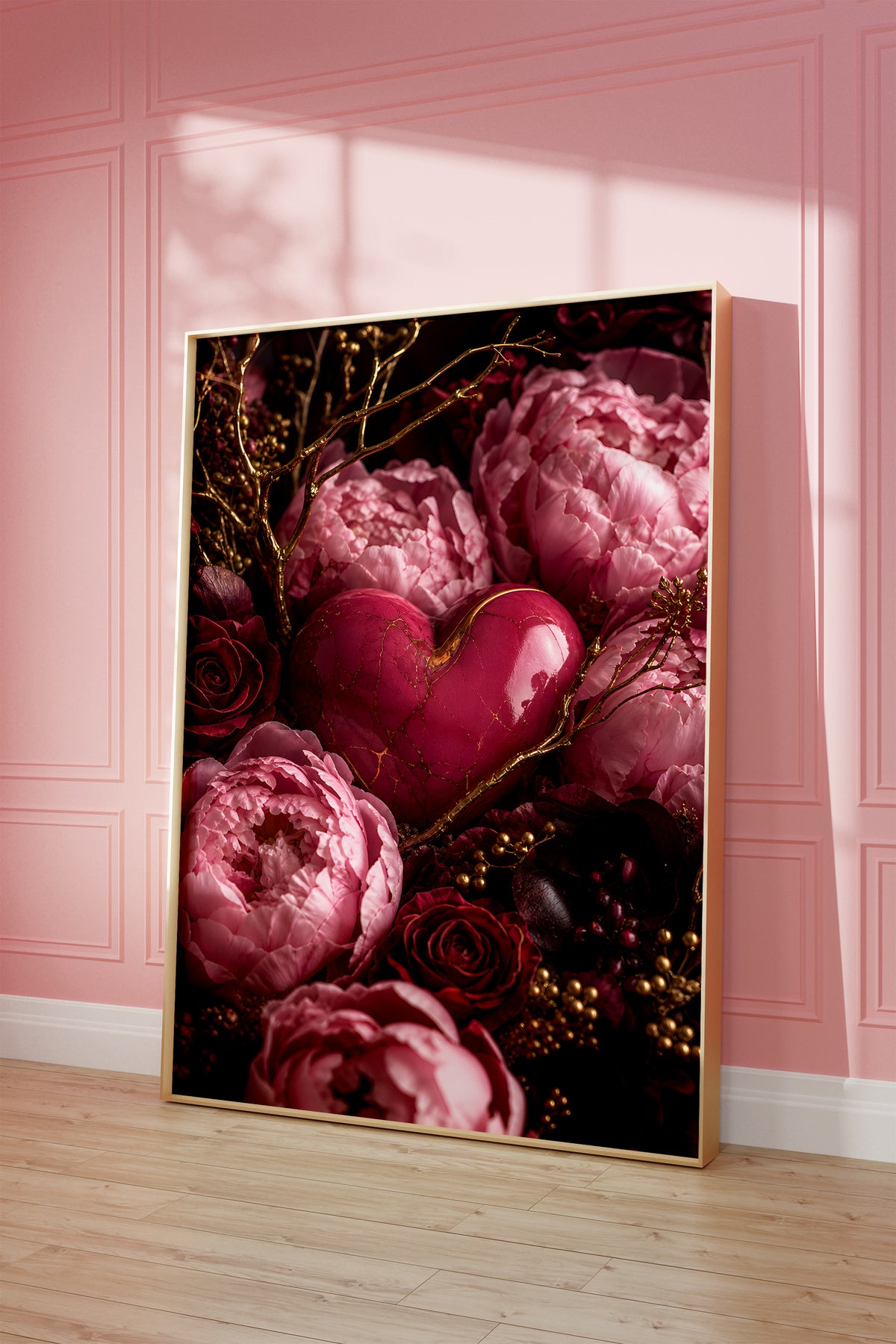 Motiv mit einem rosafarbenen Herz zwischen pinken Pfingstrosen, dunklen Rosen und goldenen Zweigen, als gerahmtes Poster vor einer rosafarbenen Wand.