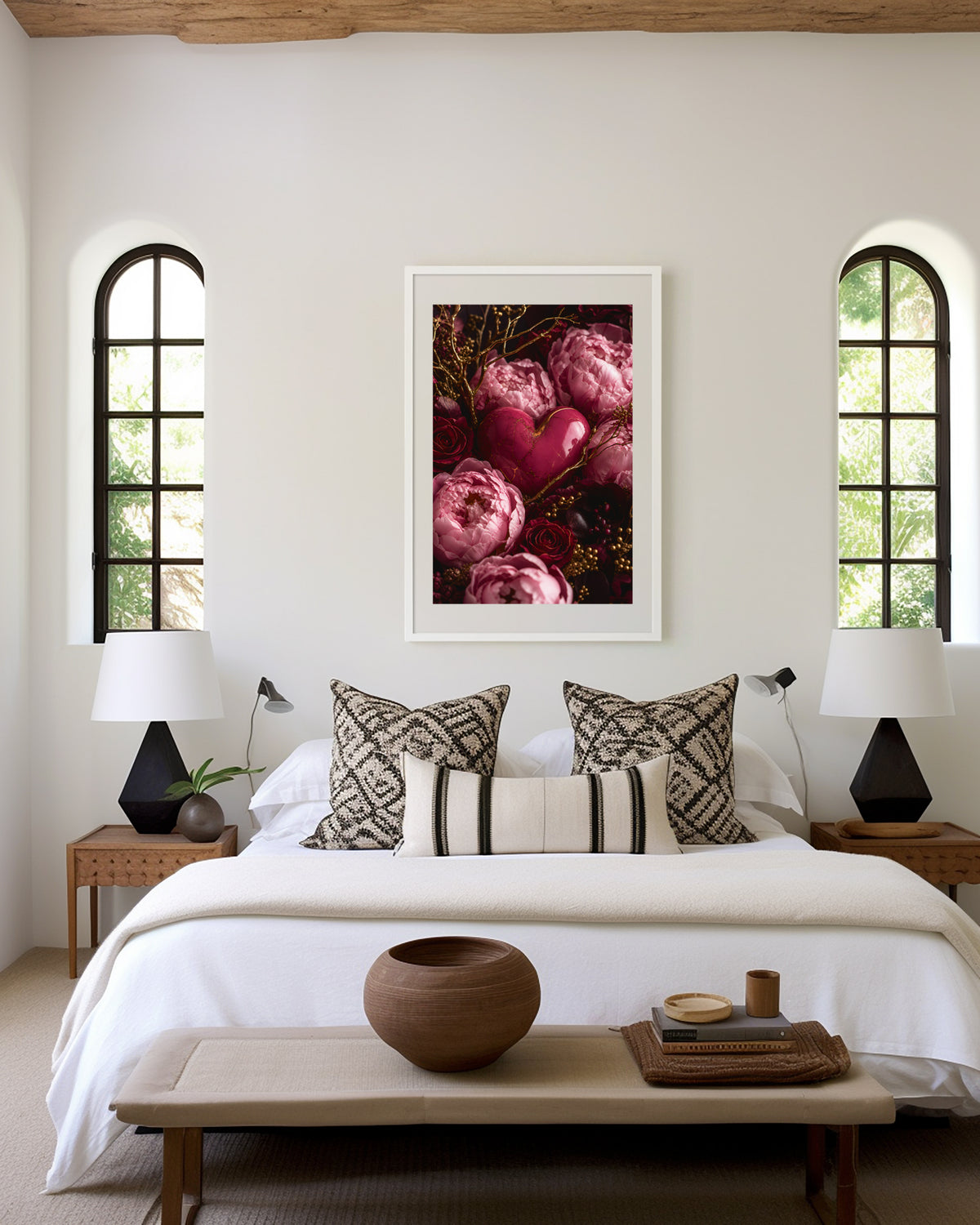 Motiv mit einem rosafarbenen Herz zwischen pinken Pfingstrosen, dunklen Rosen und goldenen Zweigen, als gerahmtes Poster in den Händen einer Frau.