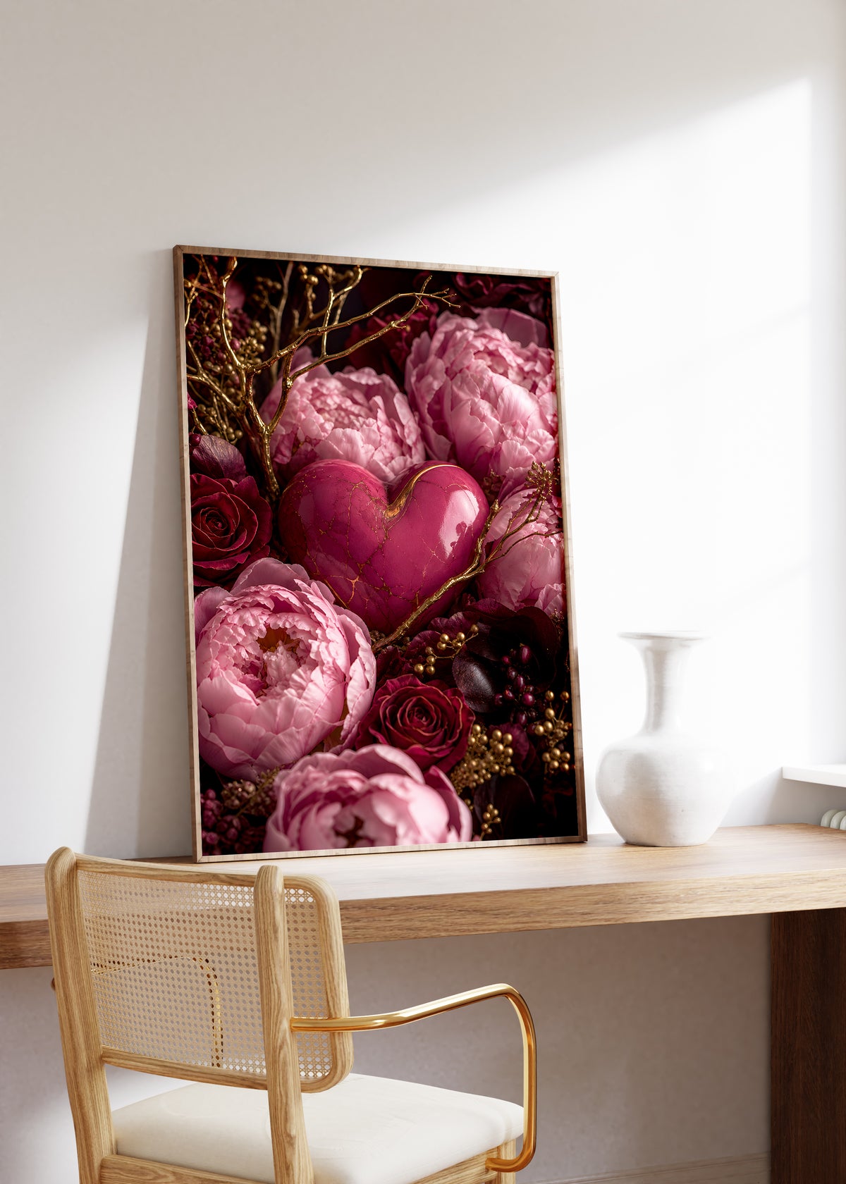 Gerahmtes Poster mit einem rosafarbenen Herz zwischen pinken Pfingstrosen, dunklen Rosen und goldenen Zweigen, auf einem Holztisch neben einer weißen Vase.