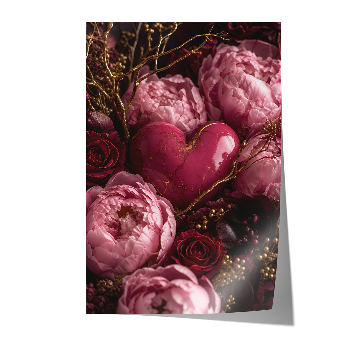 Poster mit einem rosafarbenen Herz zwischen pinken Pfingstrosen, dunklen Rosen und goldenen Zweigen auf weißem Hintergrund.