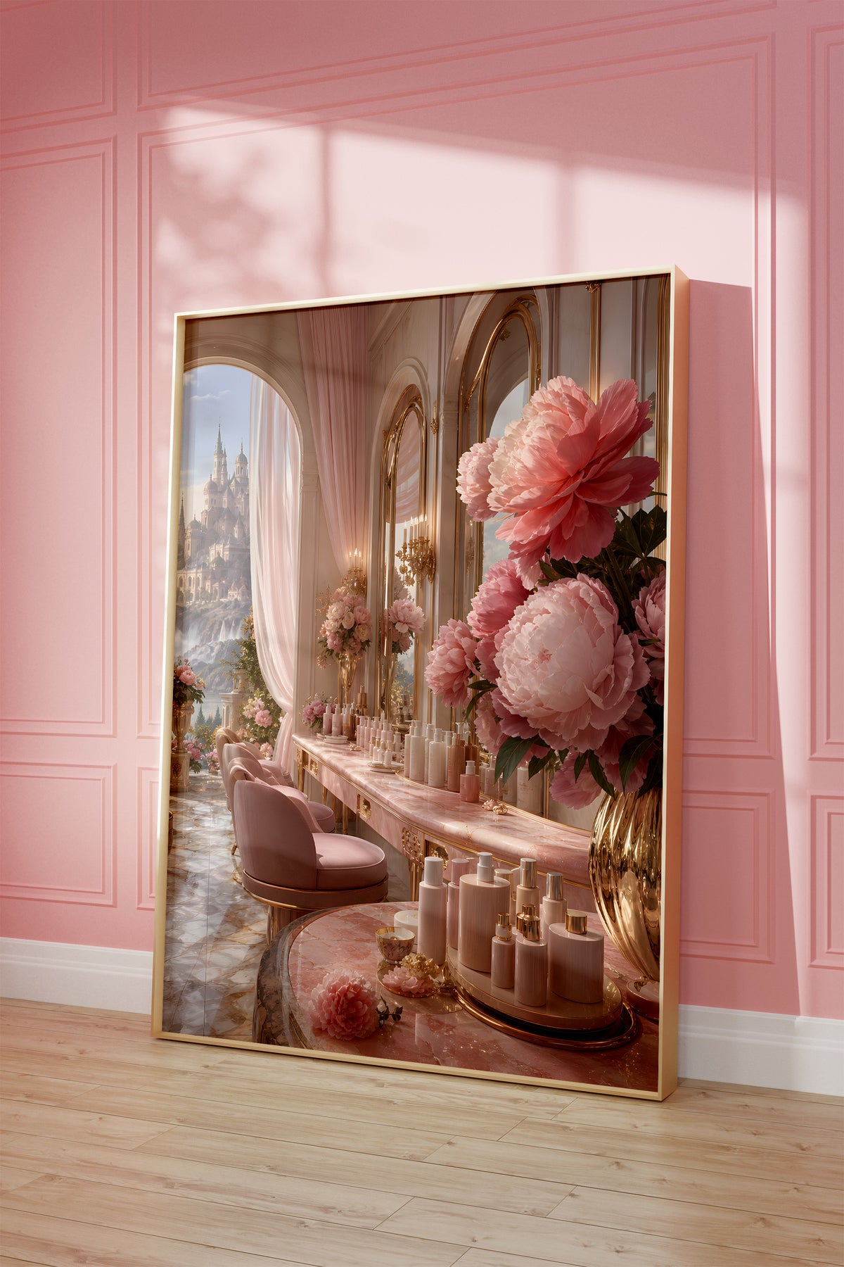 Motiv mit einem eleganten rosafarbenen Salon mit Parfumflakons und großen Pfingstrosen, als gerahmtes Poster vor einer rosafarbenen Wand.