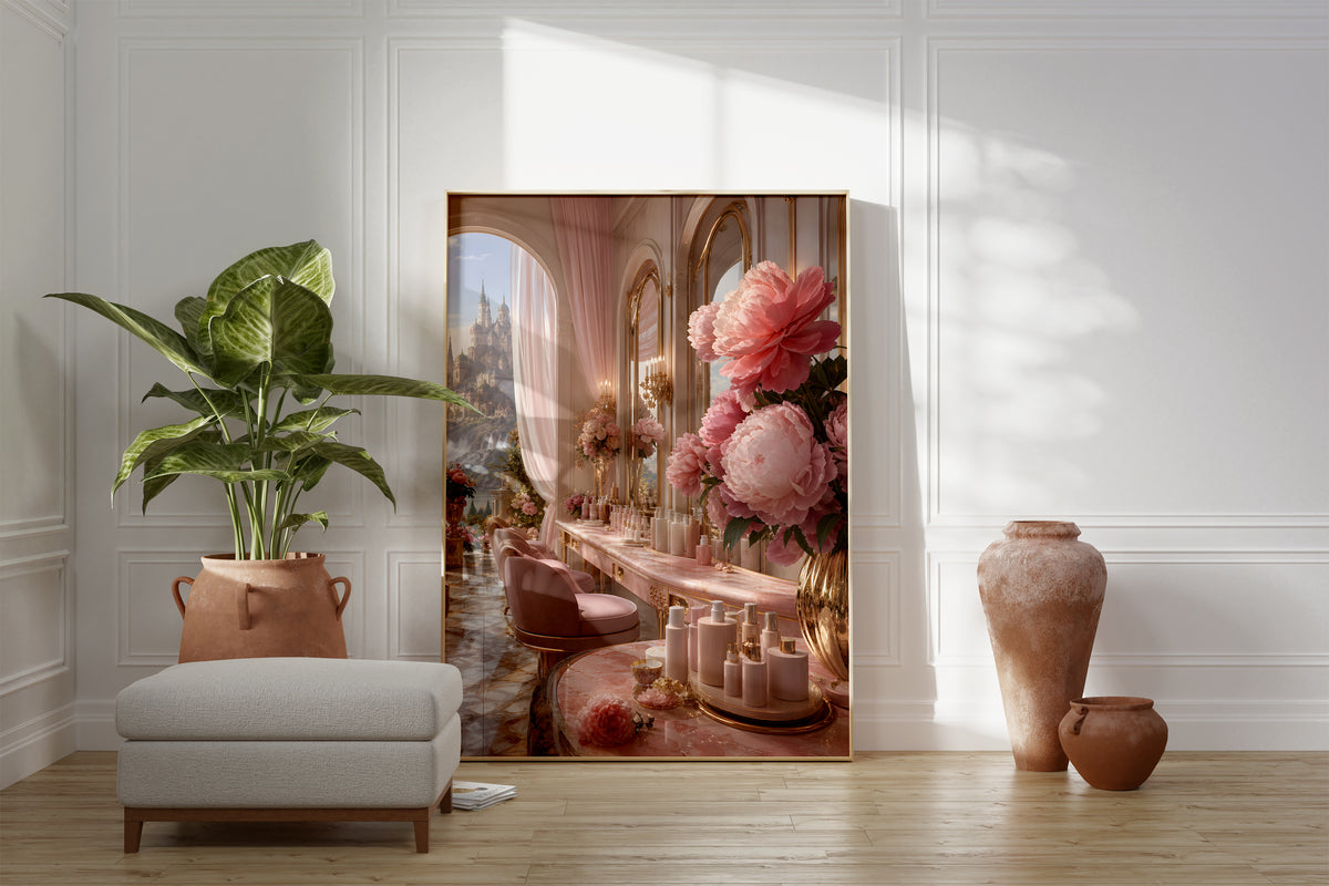 Motiv mit einem eleganten rosafarbenen Salon mit Parfumflakons und großen Pfingstrosen, als gerahmtes Poster neben Sessel und Zimmerpflanze.