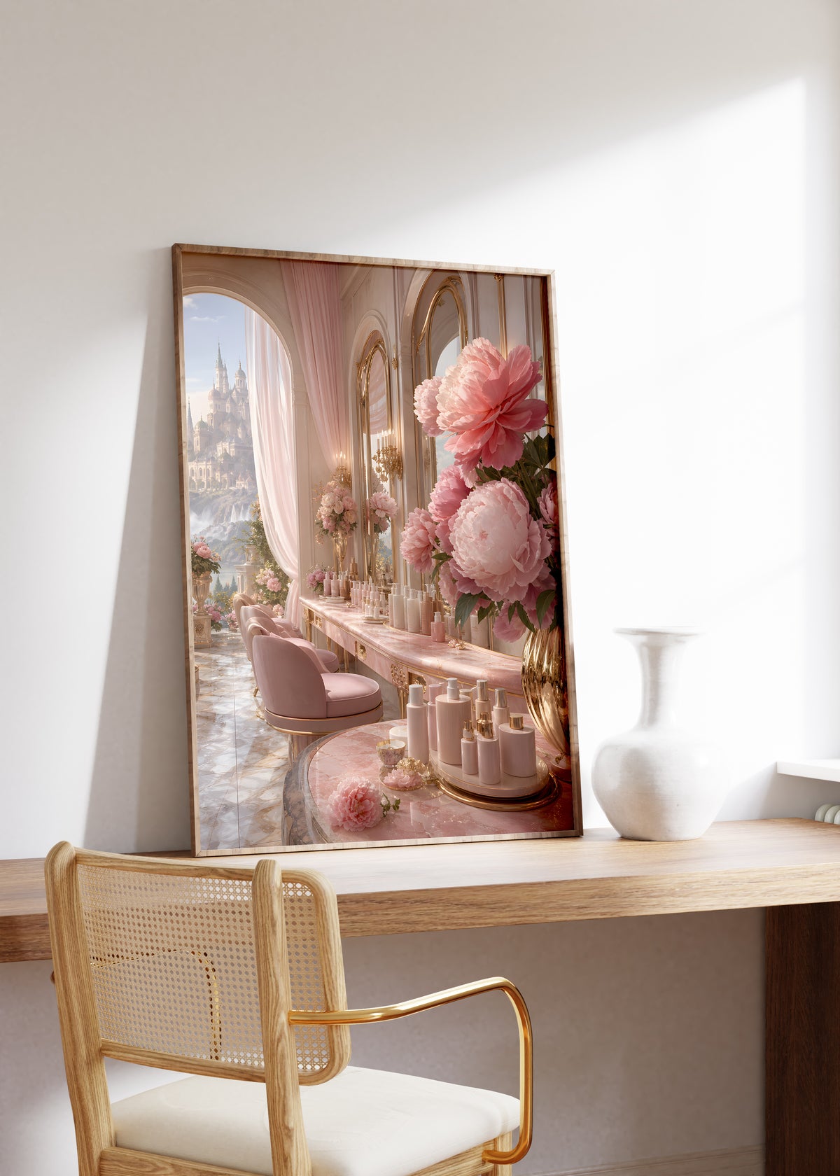 Gerahmtes Poster mit einem eleganten rosafarbenen Salon mit Parfumflakons und großen Pfingstrosen, auf einem Holztisch neben einer weißen Vase.
