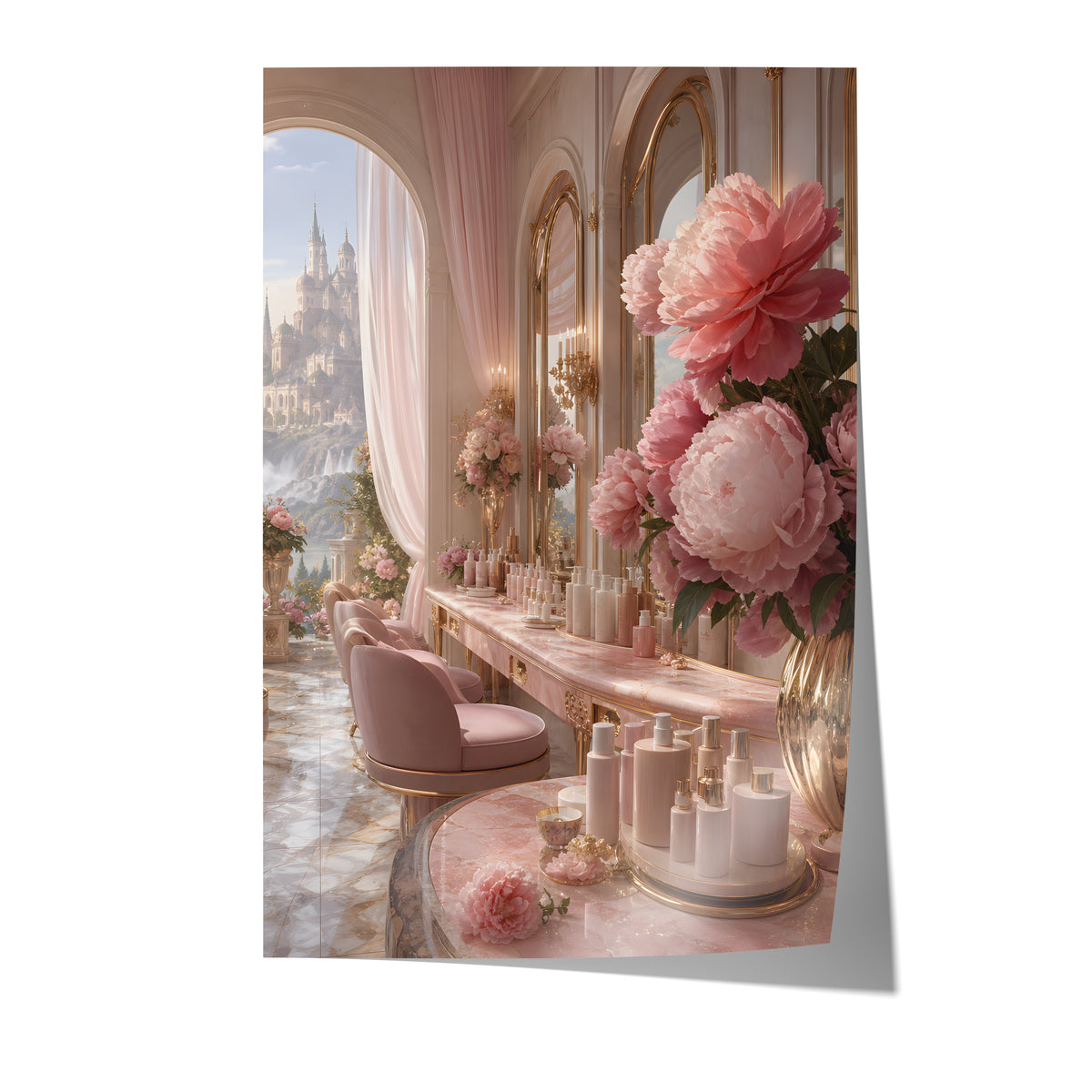 Poster mit einem eleganten rosafarbenen Salon mit Parfumflakons und großen Pfingstrosen auf weißem Hintergrund.