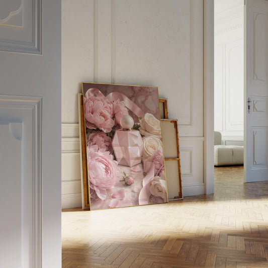 Motiv mit rosafarbenem Parfumflakon zwischen Pfingstrosen, weißen Rosen und Satinbändern, als an die Wand gelehntes Poster neben leeren Rahmen.