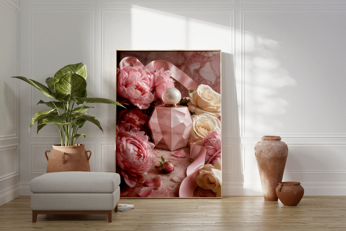 Motiv mit rosafarbenem Parfumflakon zwischen Pfingstrosen, weißen Rosen und Satinbändern, als gerahmtes Poster neben Sessel und Zimmerpflanze.