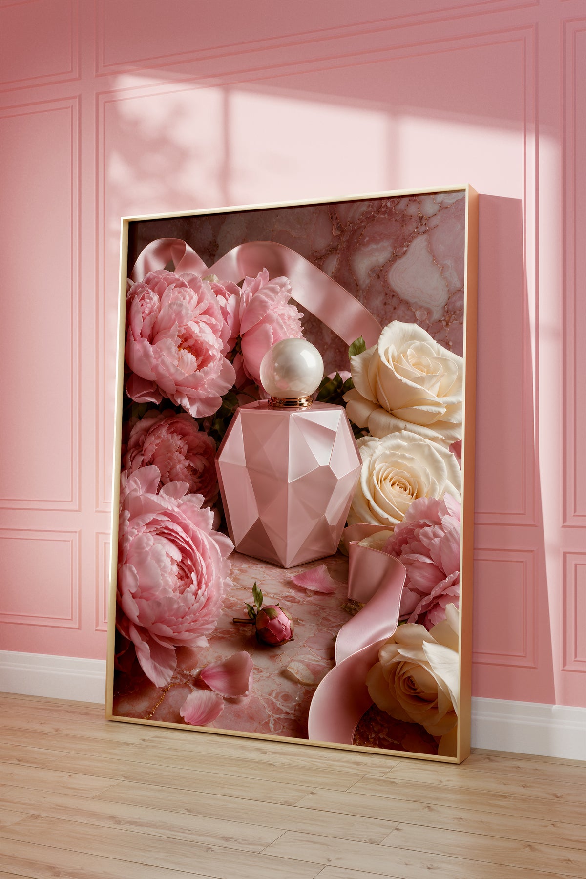 Motiv mit rosafarbenem Parfumflakon zwischen Pfingstrosen, weißen Rosen und Satinbändern, als gerahmtes Poster vor einer rosafarbenen Wand.