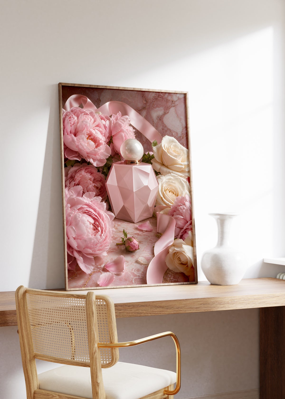 Gerahmtes Poster mit rosafarbenem Parfumflakon zwischen Pfingstrosen, weißen Rosen und Satinbändern, als einzelne Wanddekoration in einer Wohnraumansicht.