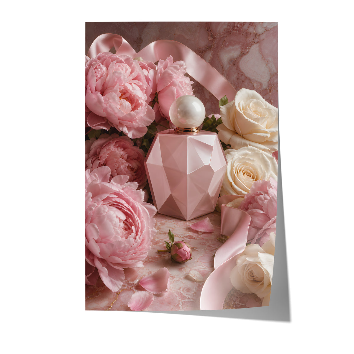 Poster mit rosafarbenem Parfumflakon zwischen Pfingstrosen, weißen Rosen und Satinbändern auf weißem Hintergrund.