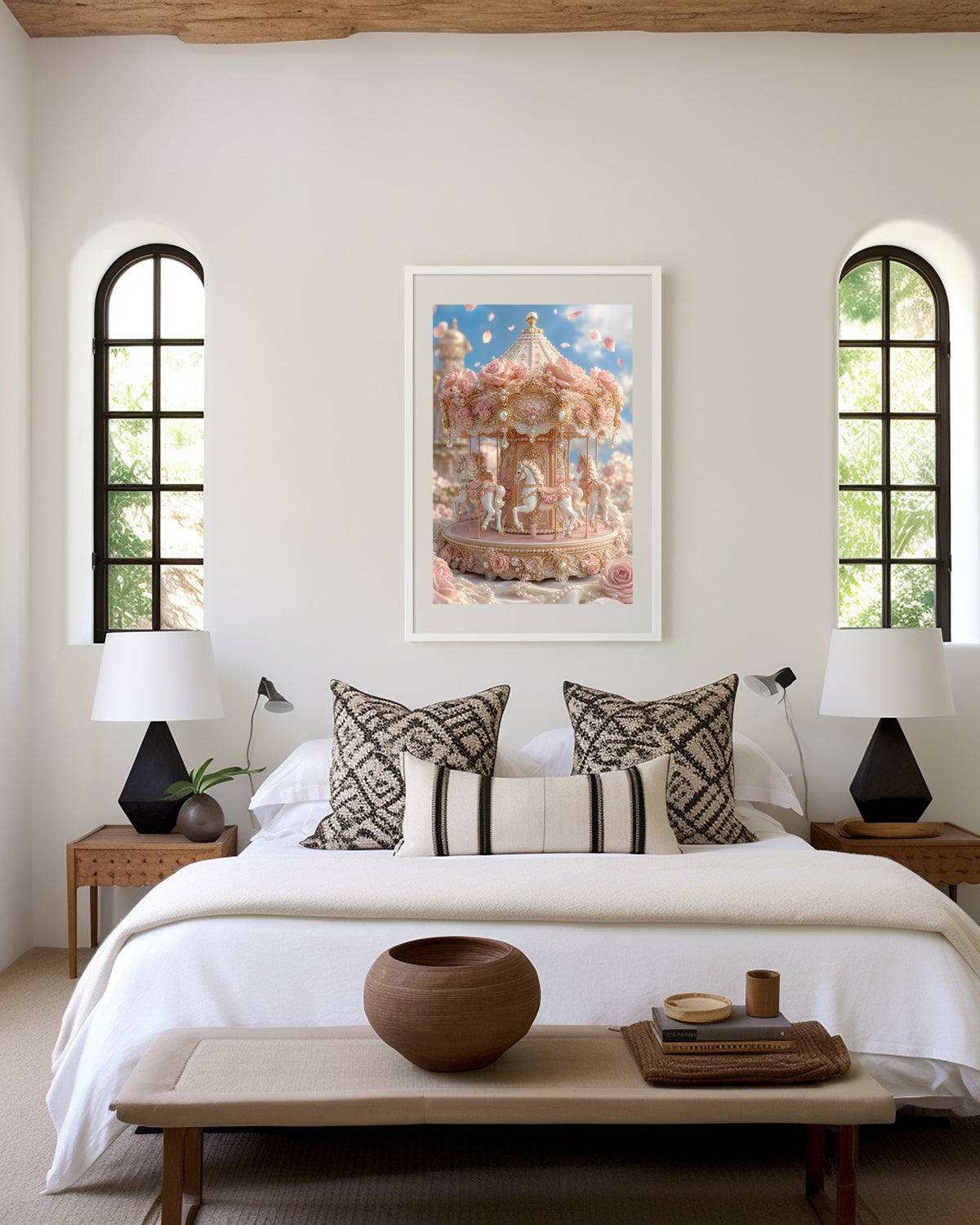 Motiv mit einem rosafarbenen Karussell mit Rosen, Perlen und goldenen Verzierungen, als gerahmtes Poster in den Händen einer Frau.