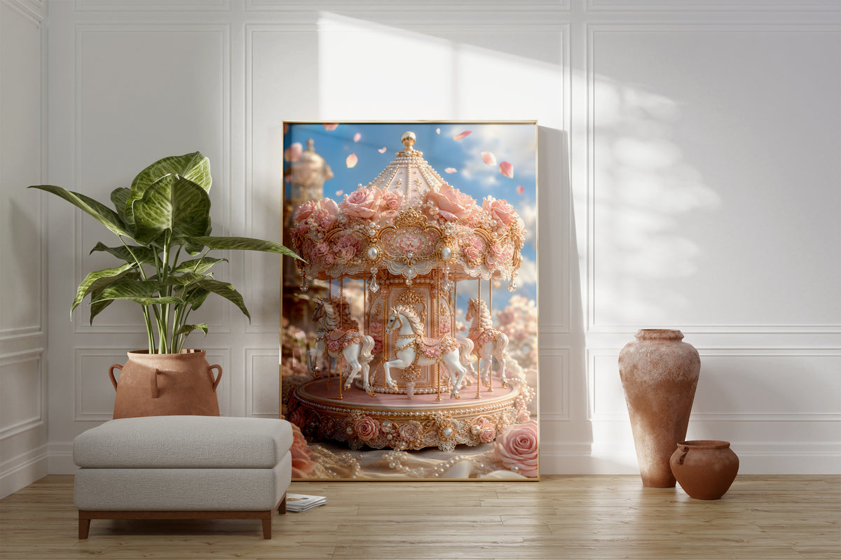 Motiv mit einem rosafarbenen Karussell mit Rosen, Perlen und goldenen Verzierungen, als gerahmtes Poster neben Sessel und Zimmerpflanze.