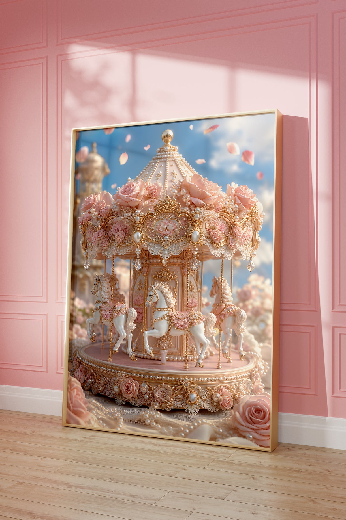 Motiv mit einem rosafarbenen Karussell mit Rosen, Perlen und goldenen Verzierungen, als gerahmtes Poster vor einer rosafarbenen Wand.