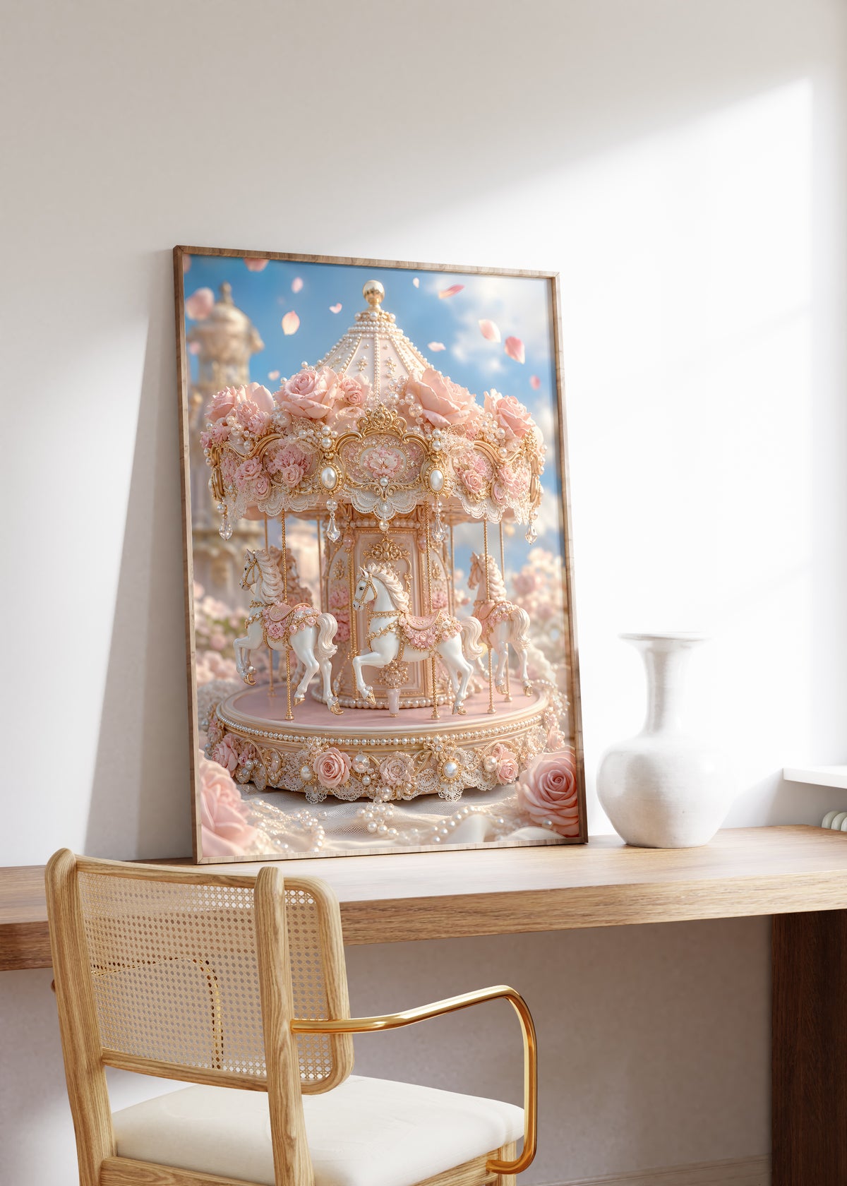 Gerahmtes Poster mit einem rosafarbenen Karussell mit Rosen, Perlen und goldenen Verzierungen, auf einem Holztisch neben einer weißen Vase.