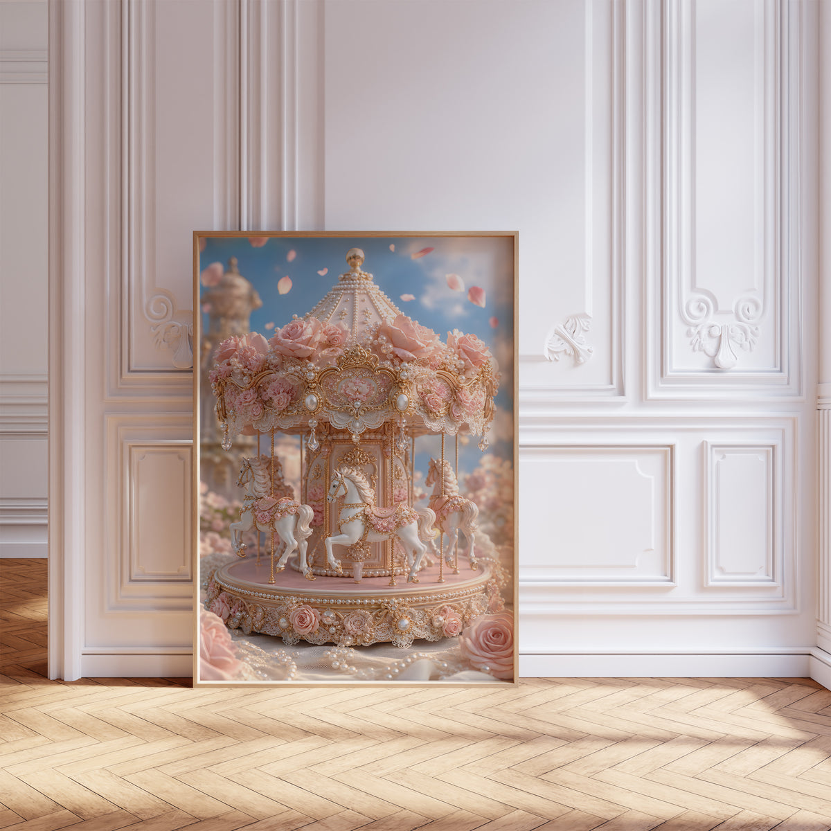 Gerahmtes Poster mit einem rosafarbenen Karussell mit Rosen, Perlen und goldenen Verzierungen, vor einer weißen Wand mit Zierleisten.