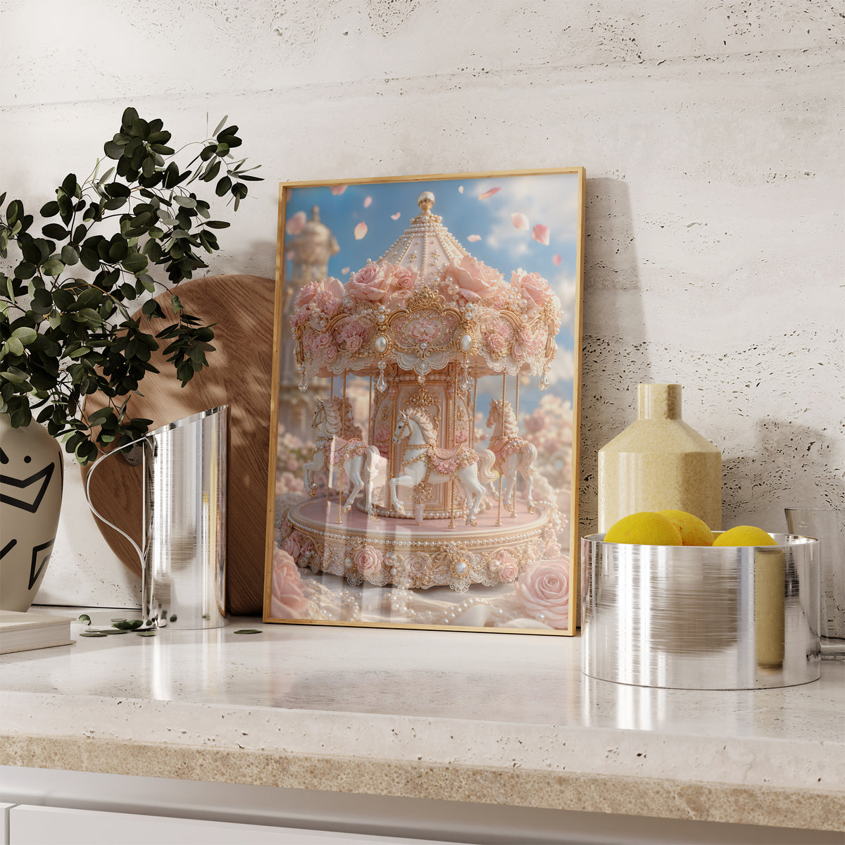 Gerahmtes Poster mit einem rosafarbenen Karussell mit Rosen, Perlen und goldenen Verzierungen, auf einer Küchenarbeitsplatte neben Pflanzen und Zitronen.