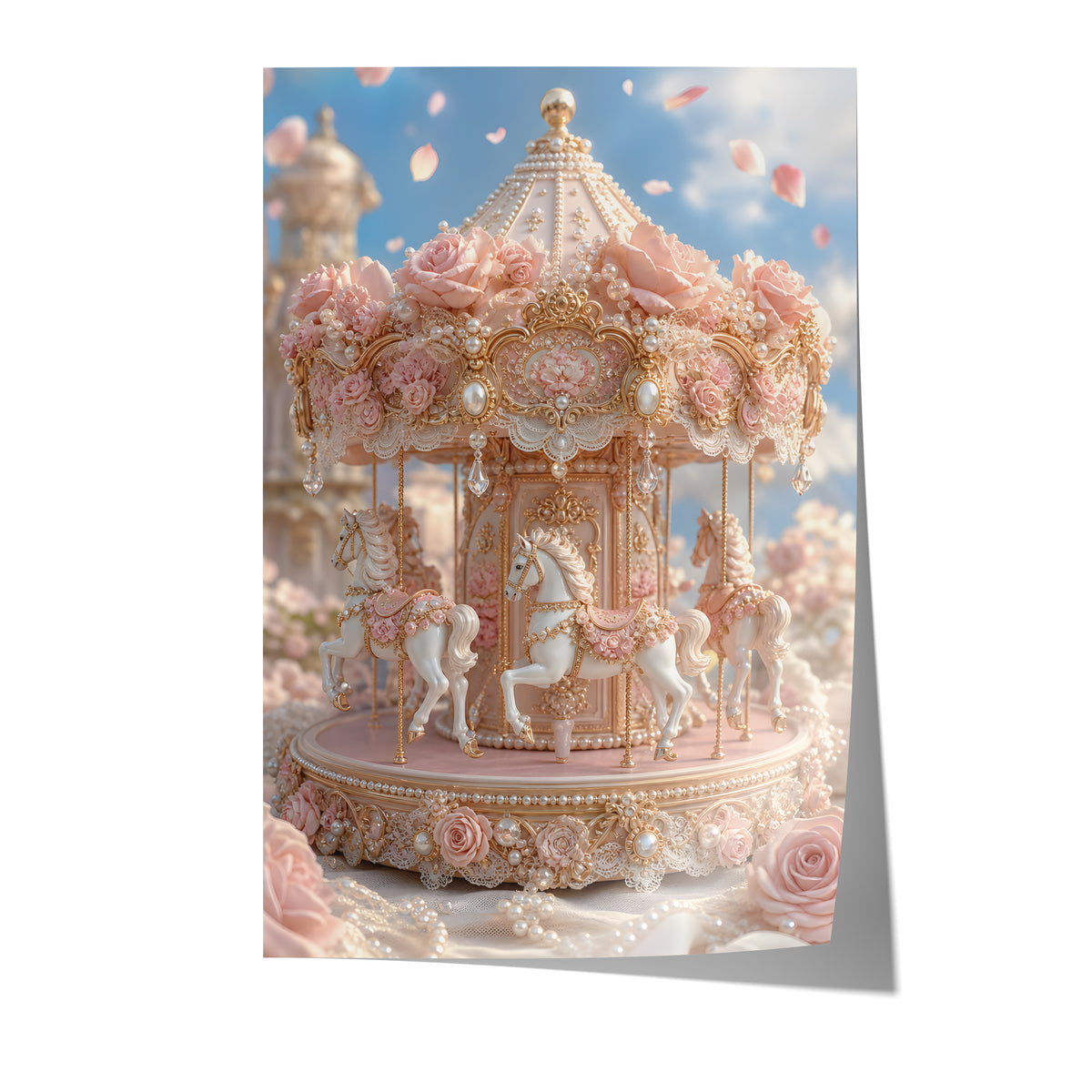 Poster mit einem rosafarbenen Karussell mit Rosen, Perlen und goldenen Verzierungen auf weißem Hintergrund.