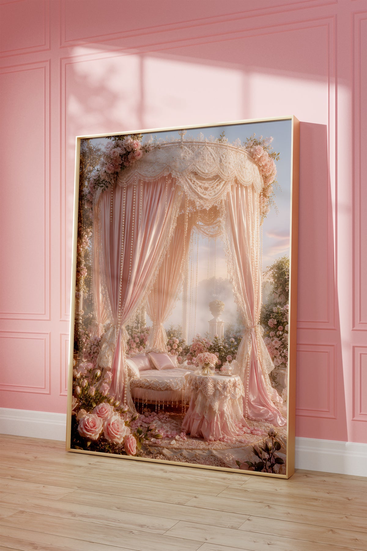 Motiv mit einem rosafarbenen Pavillon mit Satinvorhängen, Perlen und Rosen, als gerahmtes Poster vor einer rosafarbenen Wand.
