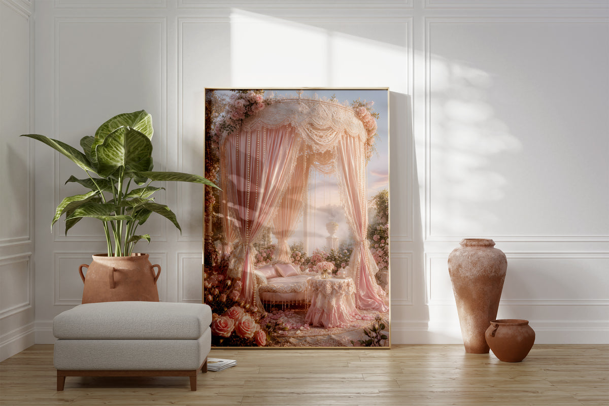 Motiv mit einem rosafarbenen Pavillon mit Satinvorhängen, Perlen und Rosen, als gerahmtes Poster neben Sessel und Zimmerpflanze.