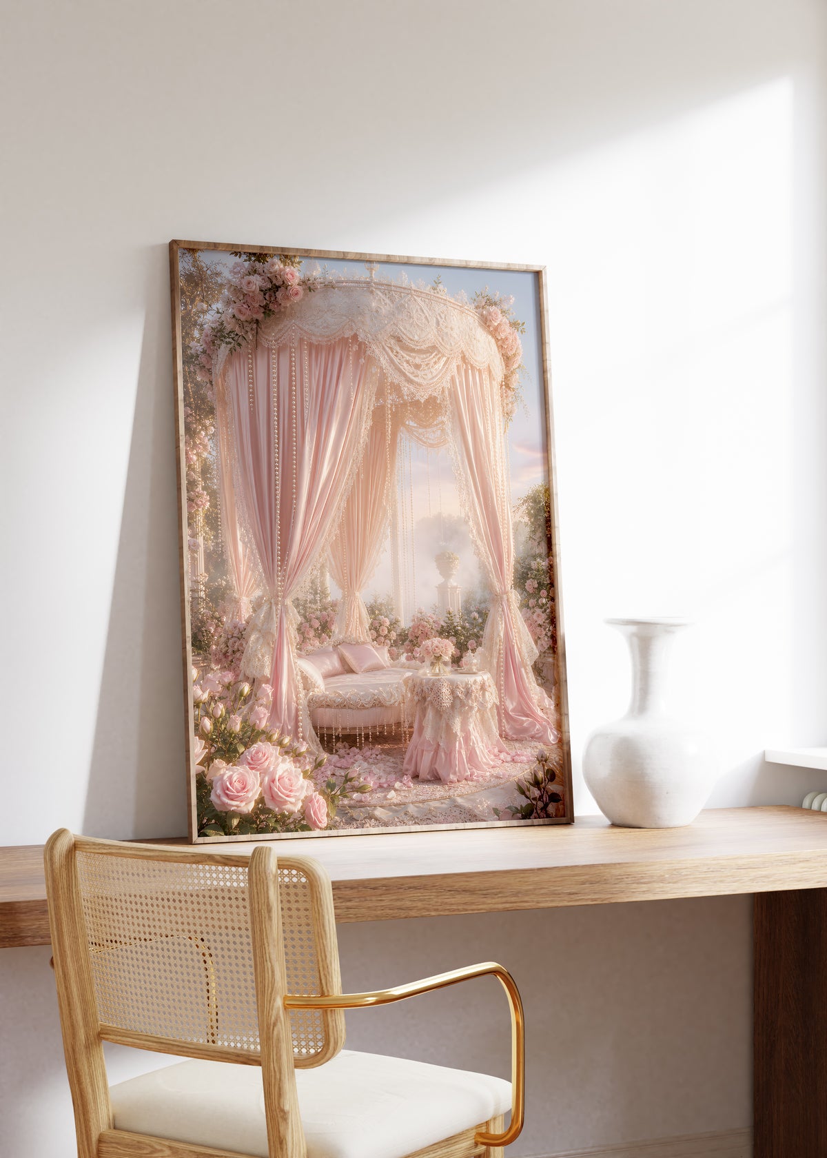 Gerahmtes Poster mit einem rosafarbenen Pavillon mit Satinvorhängen, Perlen und Rosen, auf einem Holztisch neben einer weißen Vase.