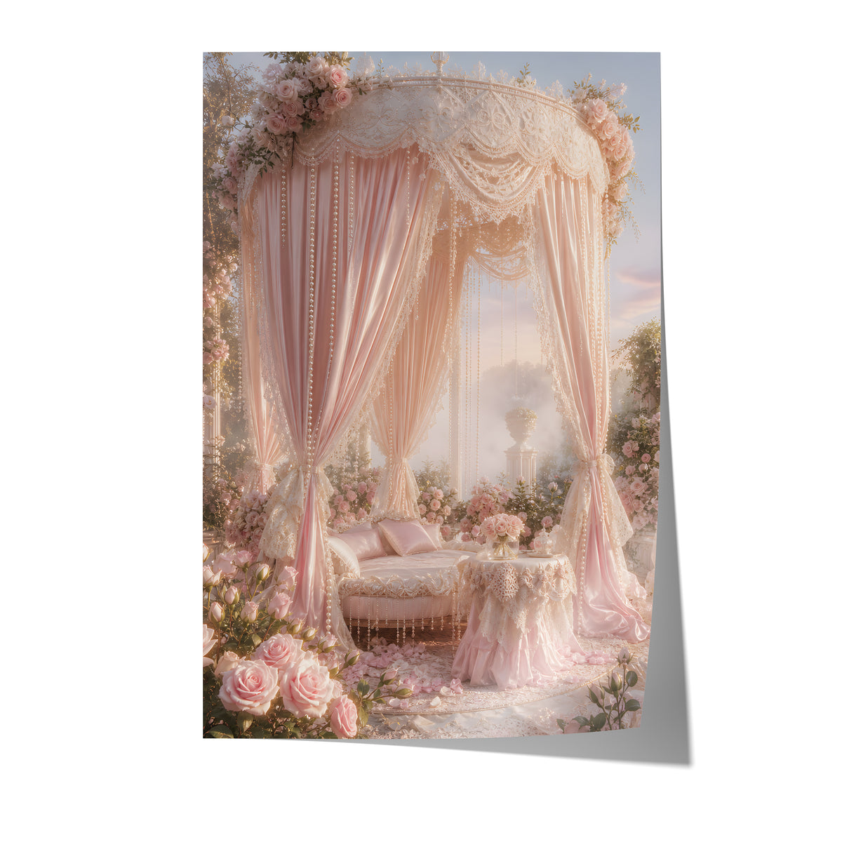 Poster mit einem rosafarbenen Pavillon mit Satinvorhängen, Perlen und Rosen auf weißem Hintergrund.