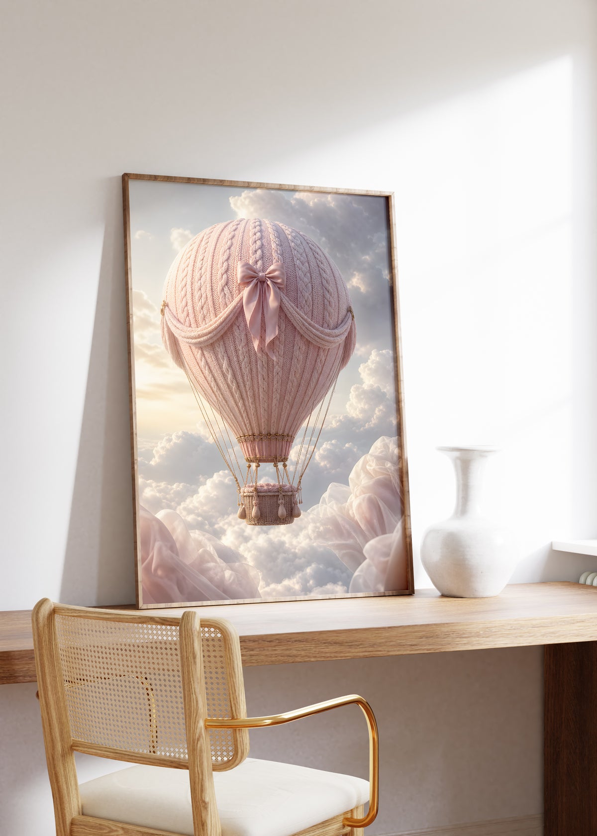 Gerahmtes Poster mit einem rosafarbenen Heißluftballon in Strickoptik mit Satinschleife über Wolken, auf einem Holztisch neben einer weißen Vase.