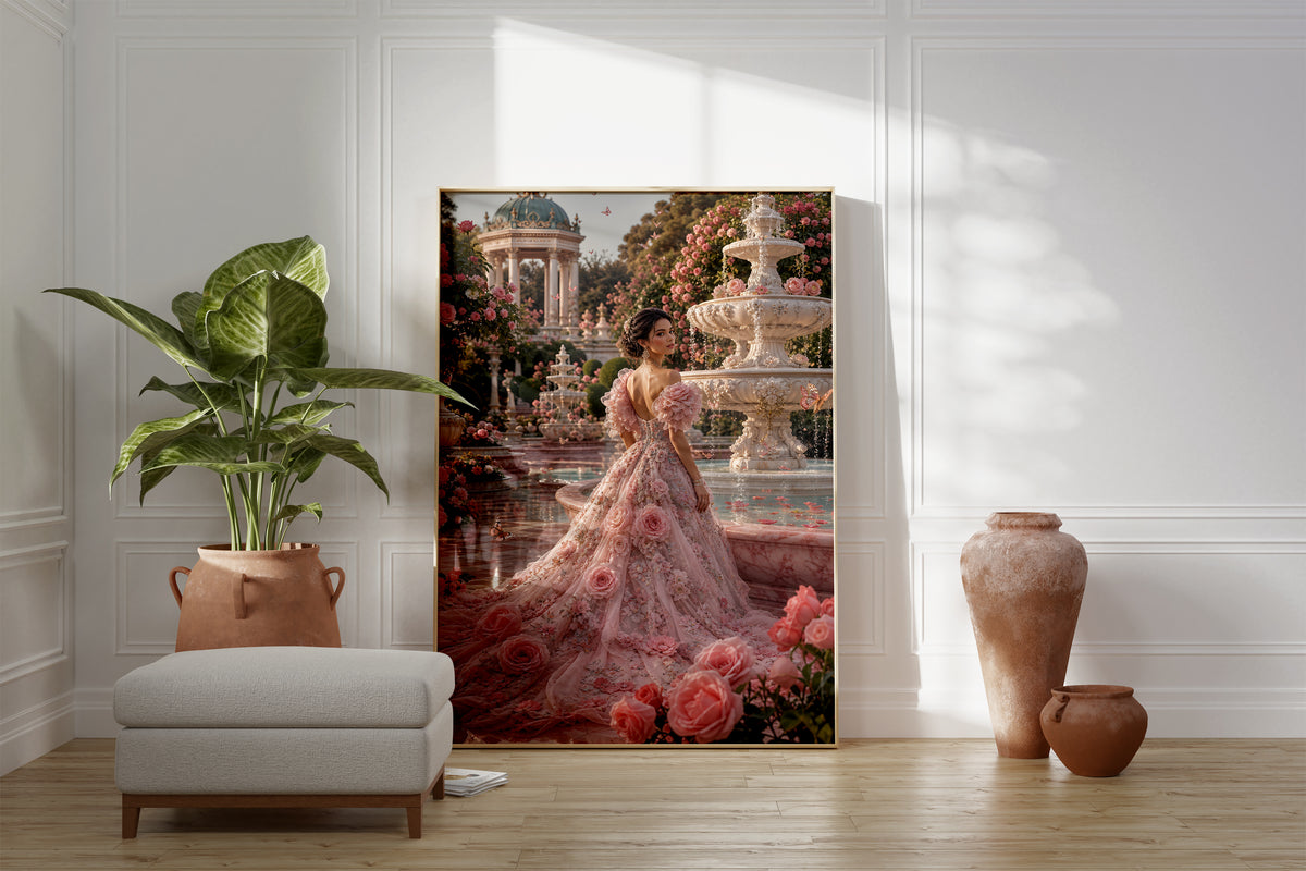 Motiv mit einer Frau im rosafarbenen Rosenkleid neben einem Brunnen im Schlossgarten, als gerahmtes Poster neben Sessel und Zimmerpflanze.