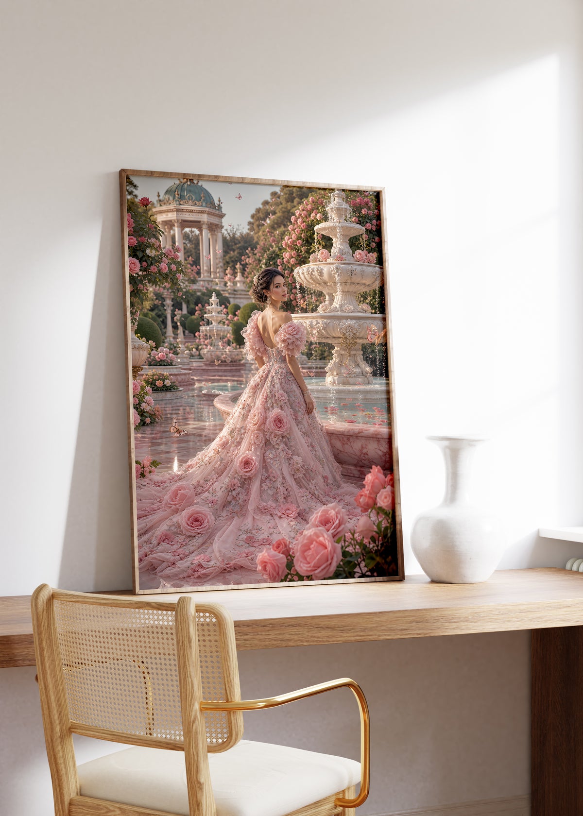 Gerahmtes Poster mit einer Frau im rosafarbenen Rosenkleid neben einem Brunnen im Schlossgarten, auf einem Holztisch neben einer weißen Vase.