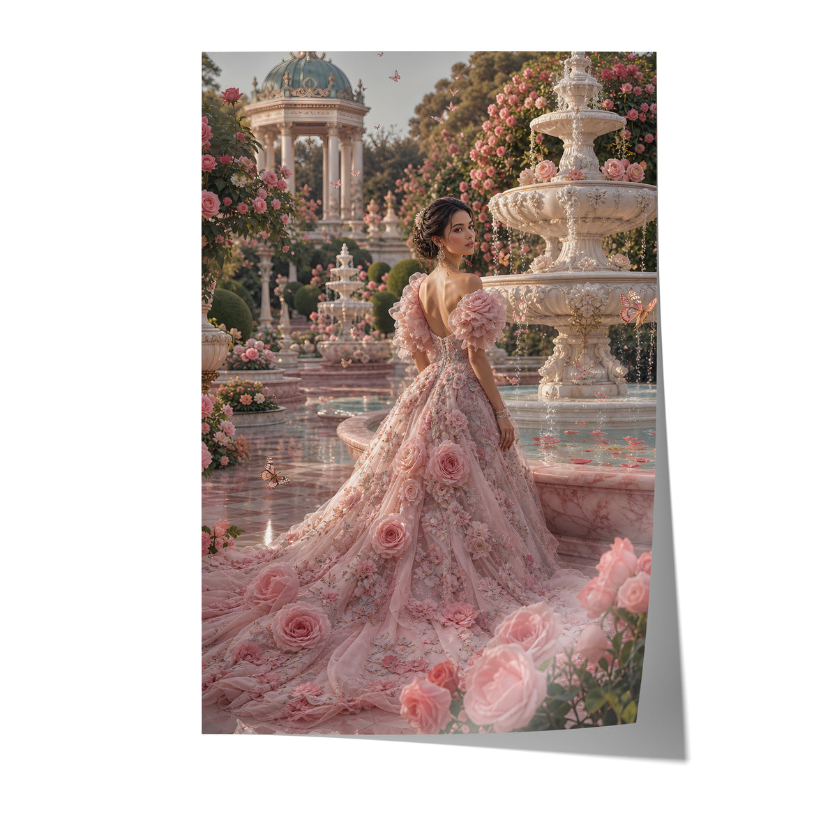 Poster mit einer Frau im rosafarbenen Rosenkleid neben einem Brunnen im Schlossgarten auf weißem Hintergrund.