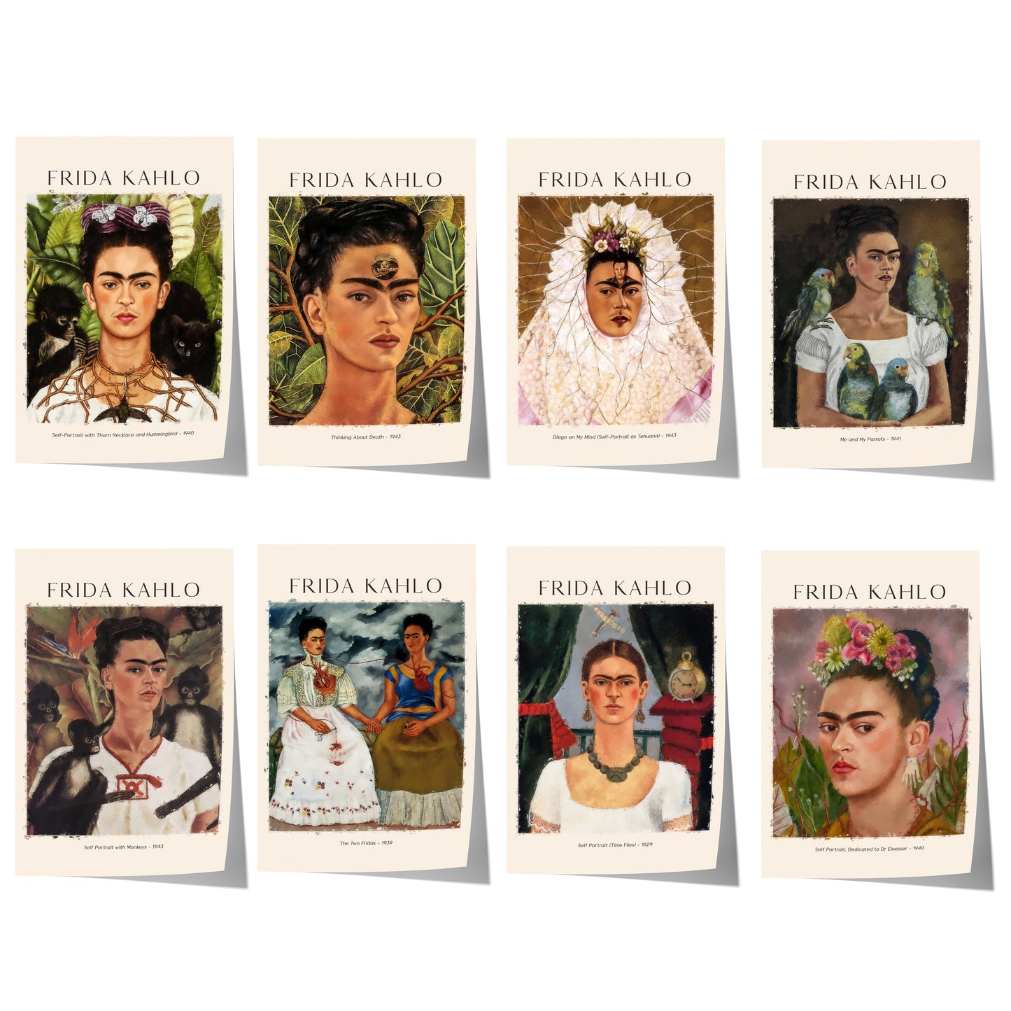 Frida Kahlo Kunst Poster · Geschenkidee · Selbstporträts Papageien Affen Mexikanische Ikonen · Dekoprint ohne Rahmen