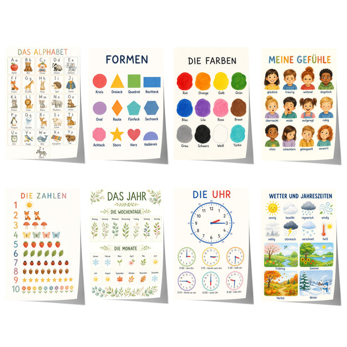 Geschenkidee · Lernposter Set für Kinder Alphabet Zahlen Formen und Farben · Dekoprint ohne Rahmen | JUSTGOODMOOD