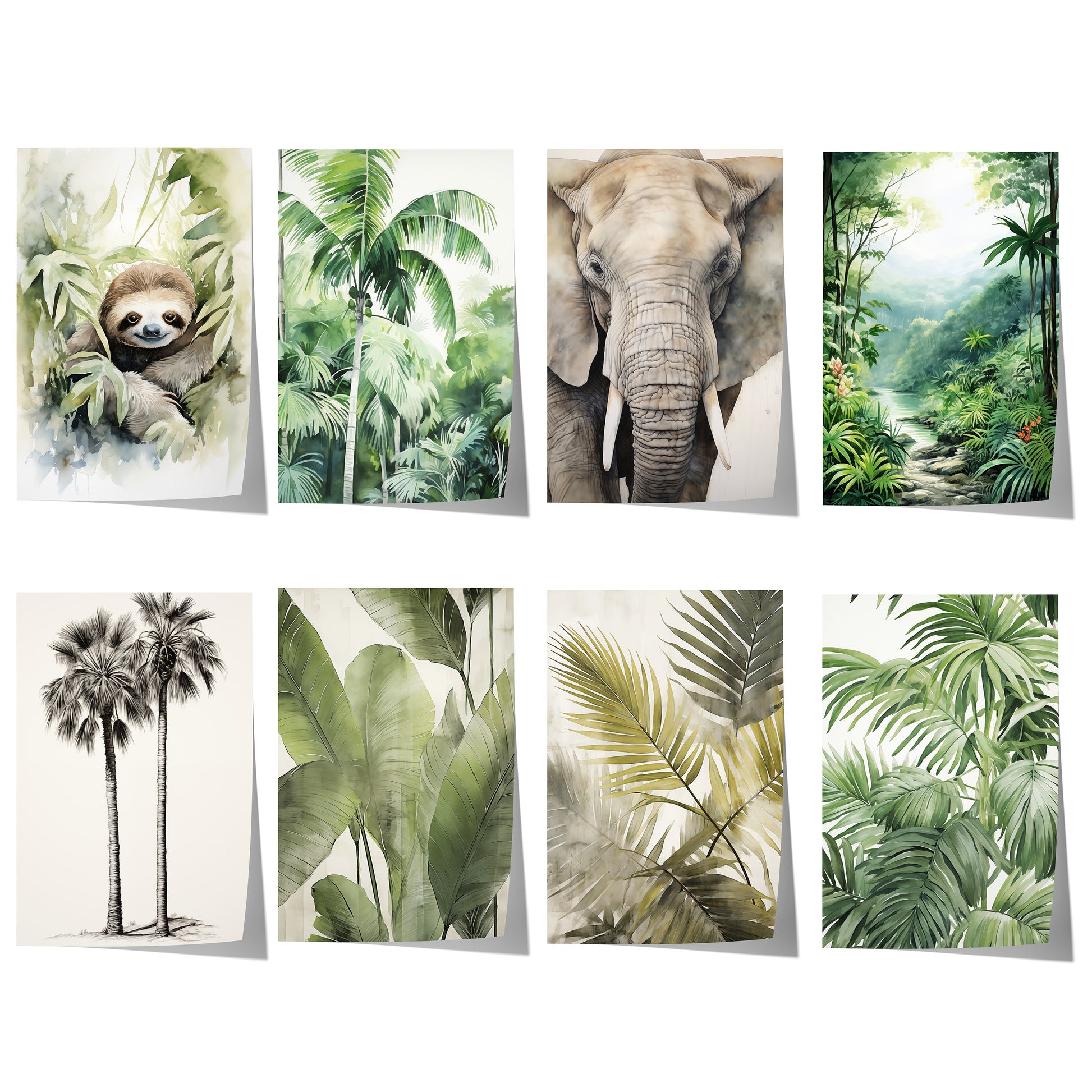 Modernes Poster-Set mit Faultier, Elefant, tropischen Palmen, Dschungellandschaften und botanischen Blättern im eleganten Aquarellstil.