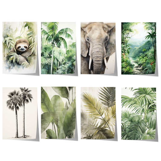 Modernes Poster-Set mit Faultier, Elefant, tropischen Palmen, Dschungellandschaften und botanischen Blättern im eleganten Aquarellstil.