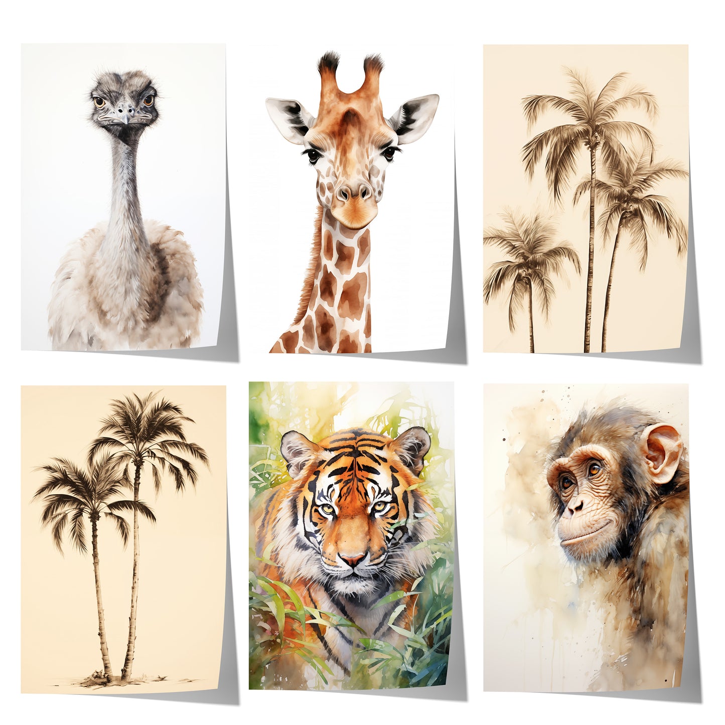 Safari Poster-Set mit Giraffe, Tiger, Affe, Strauß und Palmen im sanften Aquarellstil für moderne Wohnräume und Kinderzimmer.