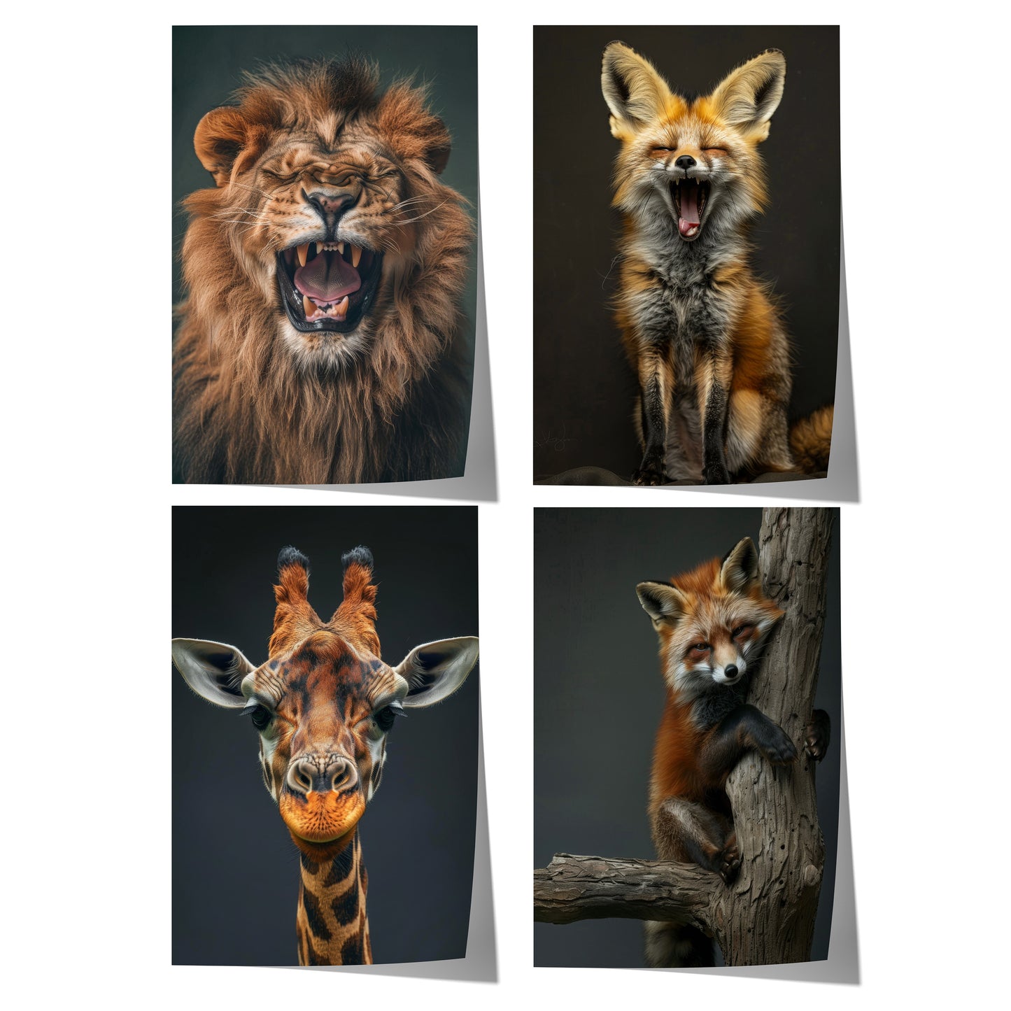 Modernes Safari Tiere Poster mit Löwe, Fuchs und Giraffe im ausdrucksstarken Tierporträtstil als stilvolle Wanddekoration.