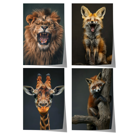 Modernes Safari Tiere Poster mit Löwe, Fuchs und Giraffe im ausdrucksstarken Tierporträtstil als stilvolle Wanddekoration.