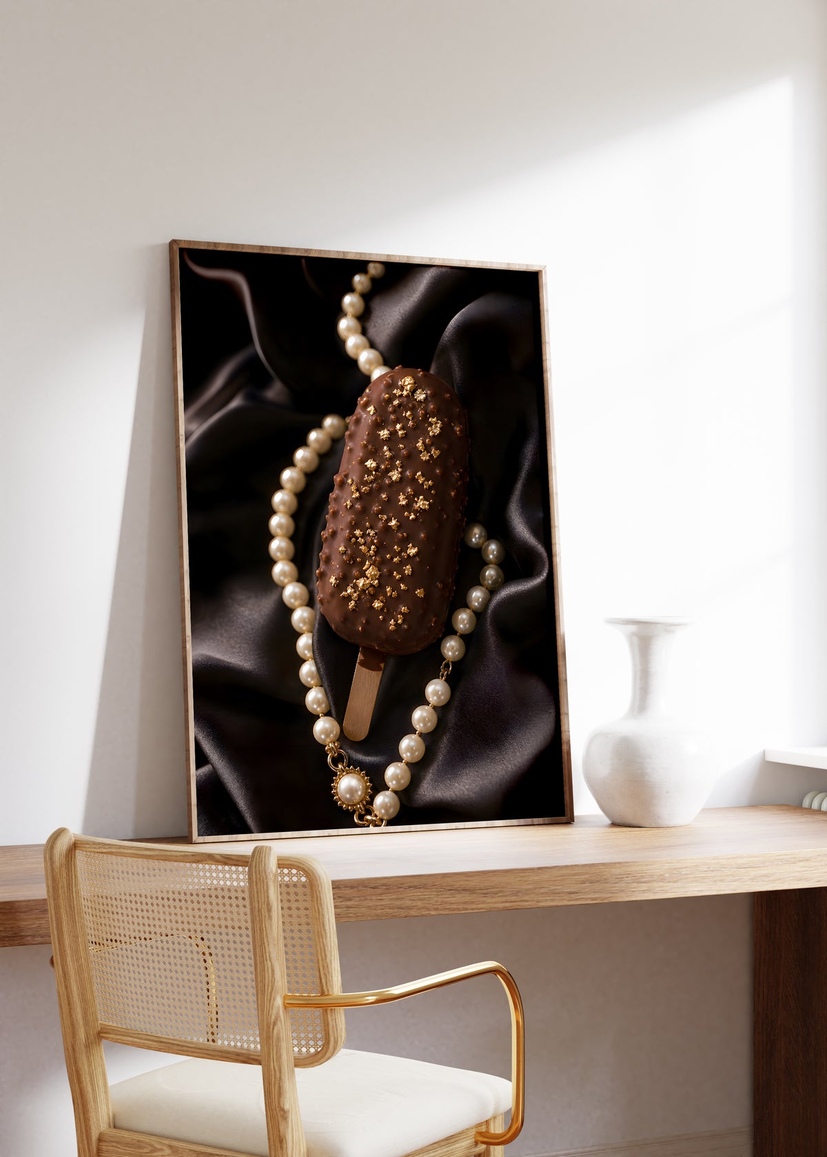 Gerahmtes Poster mit einem Schokoladeneis am Stiel mit Blattgold auf schwarzem Satin neben einer Perlenkette, auf einem Holztisch neben einer weißen Vase.
