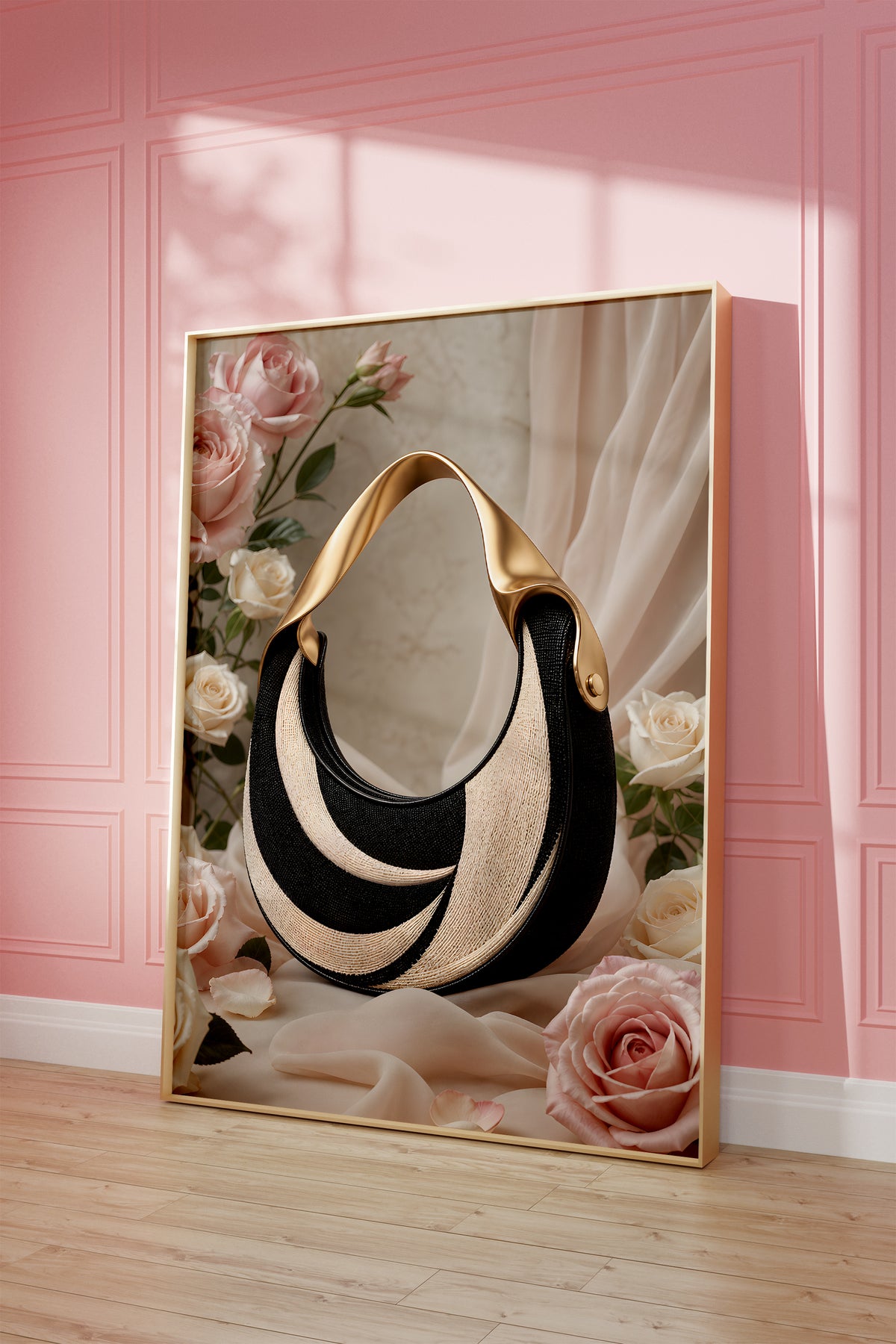 Motiv mit einer schwarz-weißen Handtasche in Tweedoptik mit goldenem Henkel zwischen Rosen, als gerahmtes Poster vor einer rosafarbenen Wand.