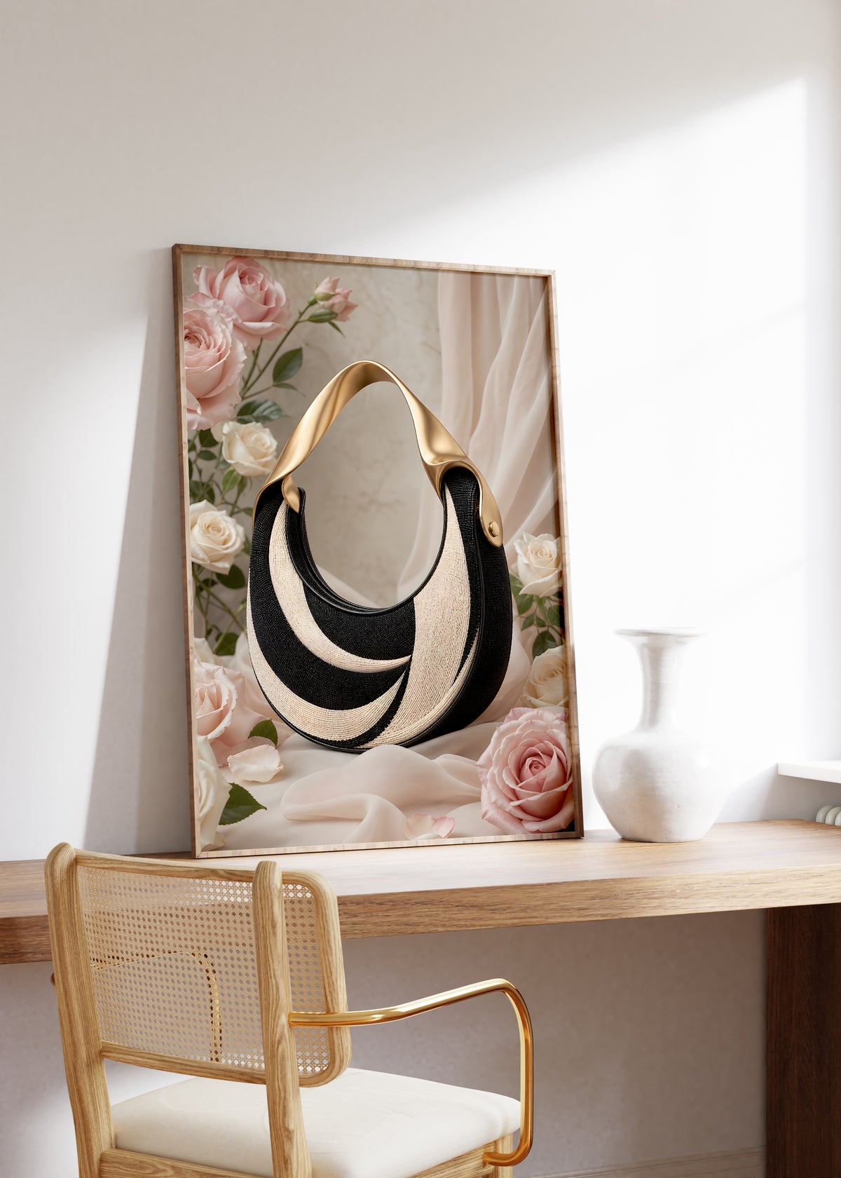 Gerahmtes Poster mit einer schwarz-weißen Handtasche in Tweedoptik mit goldenem Henkel zwischen Rosen, auf einem Holztisch neben einer weißen Vase.