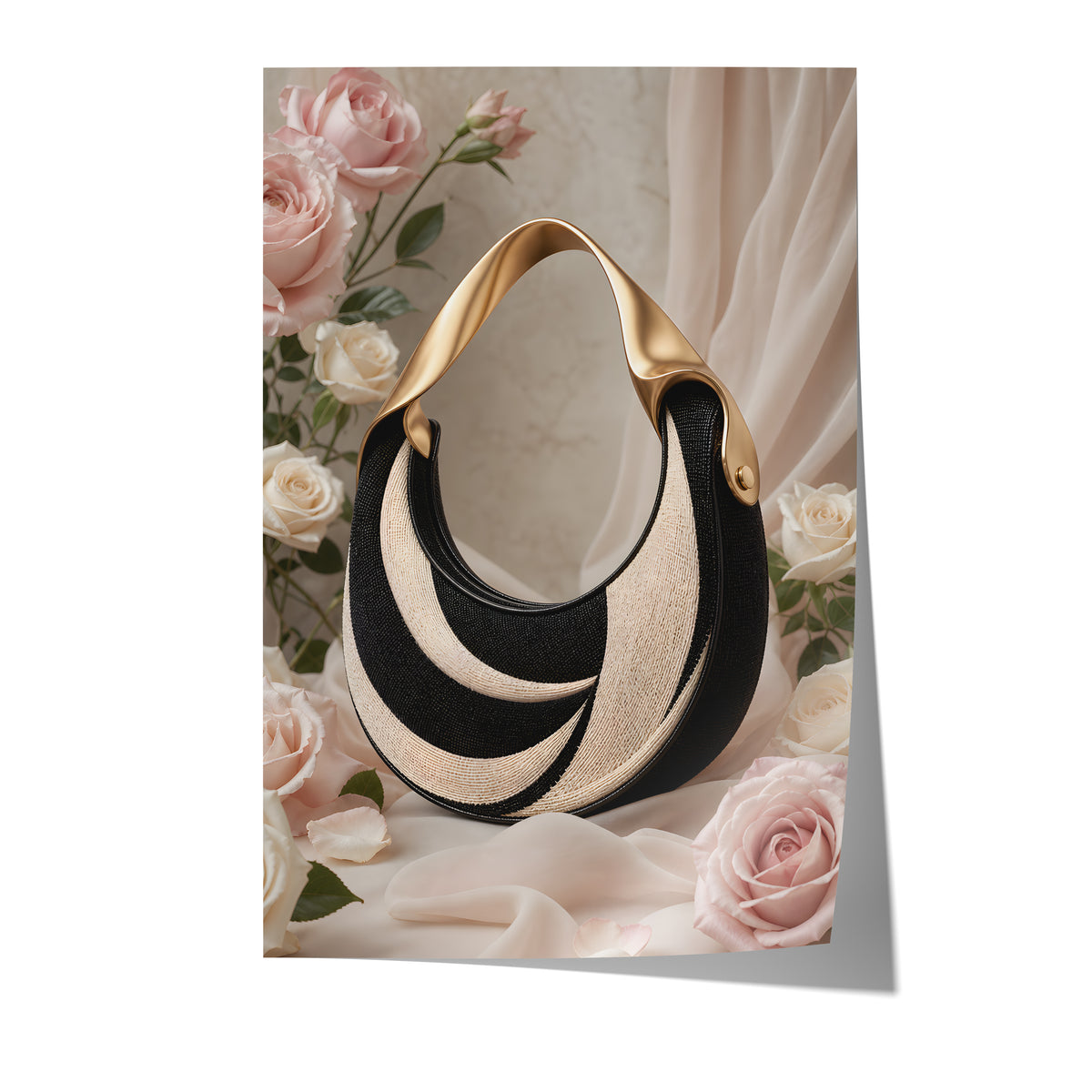 Poster mit einer schwarz-weißen Handtasche in Tweedoptik mit goldenem Henkel zwischen Rosen auf weißem Hintergrund.