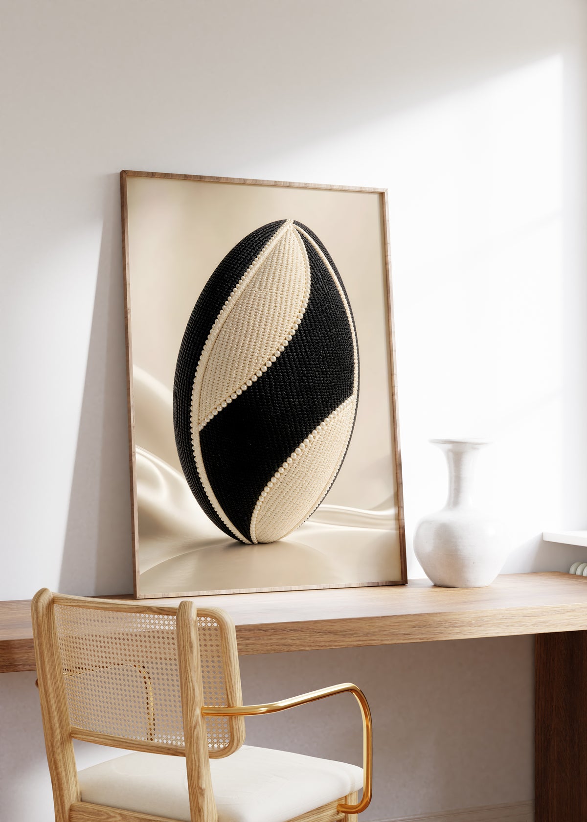Gerahmtes Poster mit einem schwarz-weißen Rugbyball in Tweedoptik mit Perlenbesatz, auf einem Holztisch neben einer weißen Vase.