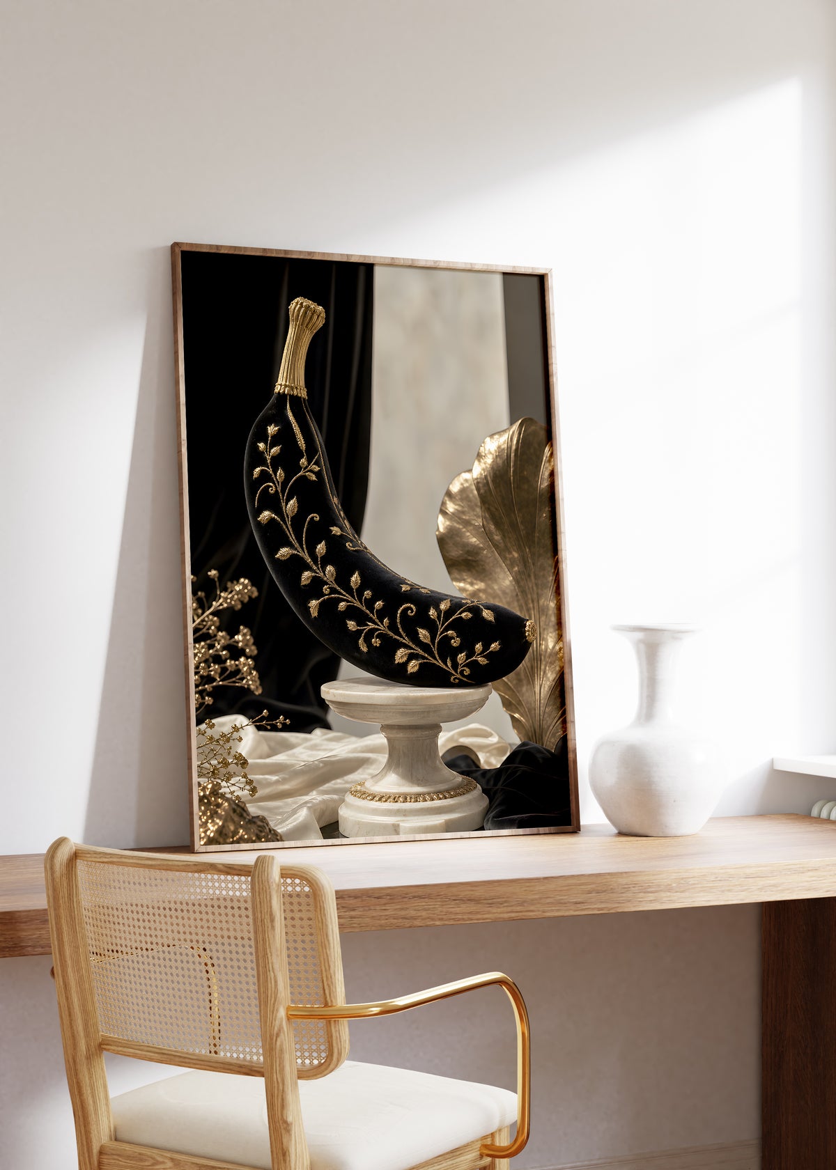 Gerahmtes Poster mit einer schwarzen Banane mit goldenen Ranken auf einem Marmorsockel, auf einem Holztisch neben einer weißen Vase.