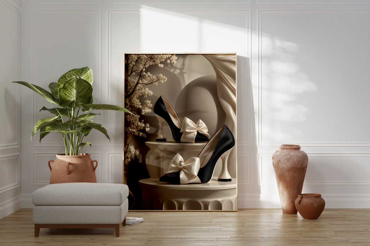 Motiv mit einem Paar schwarzer Pumps mit cremefarbenen Satinschleifen und Perlen, als gerahmtes Poster neben Sessel und Zimmerpflanze.