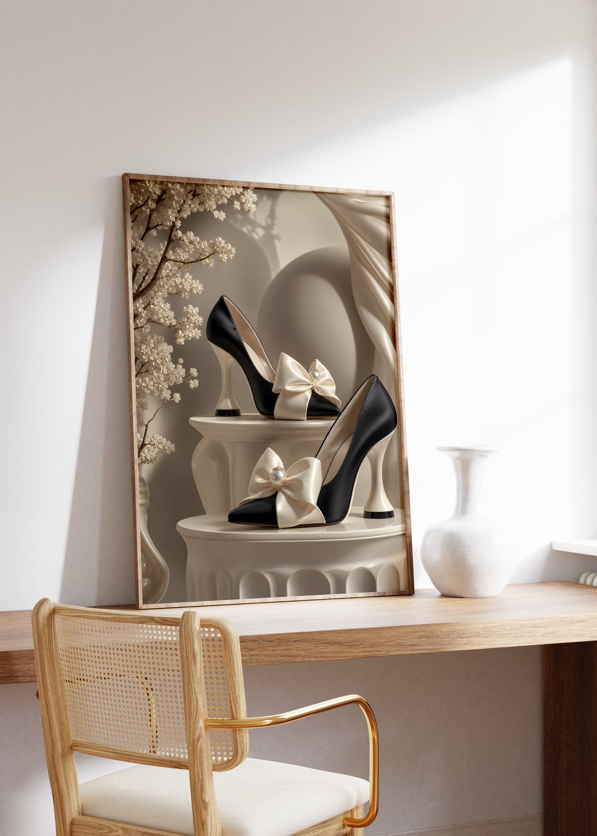 Gerahmtes Poster mit einem Paar schwarzer Pumps mit cremefarbenen Satinschleifen und Perlen, auf einem Holztisch neben einer weißen Vase.