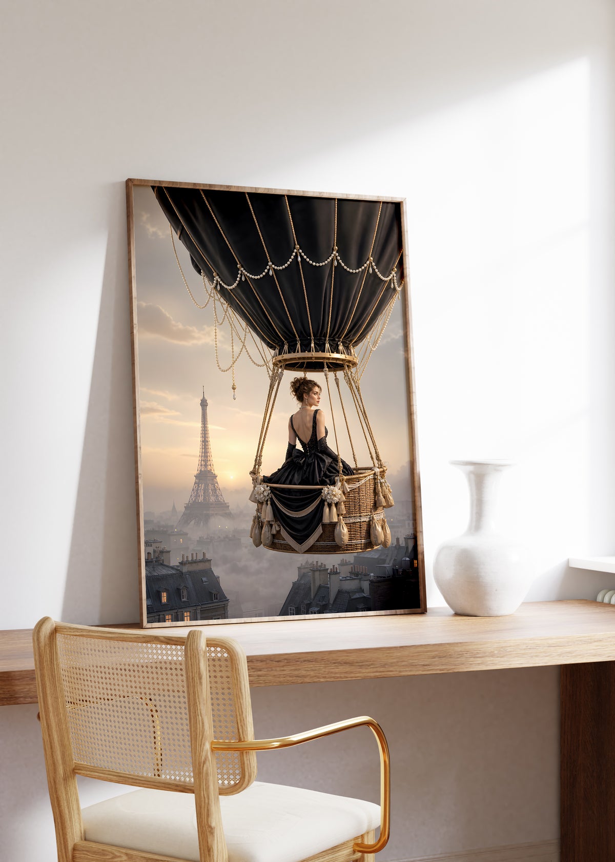 Gerahmtes Poster mit einer Frau im schwarzen Kleid im Korb eines schwarzen Heißluftballons über Paris, auf einem Holztisch neben einer weißen Vase.