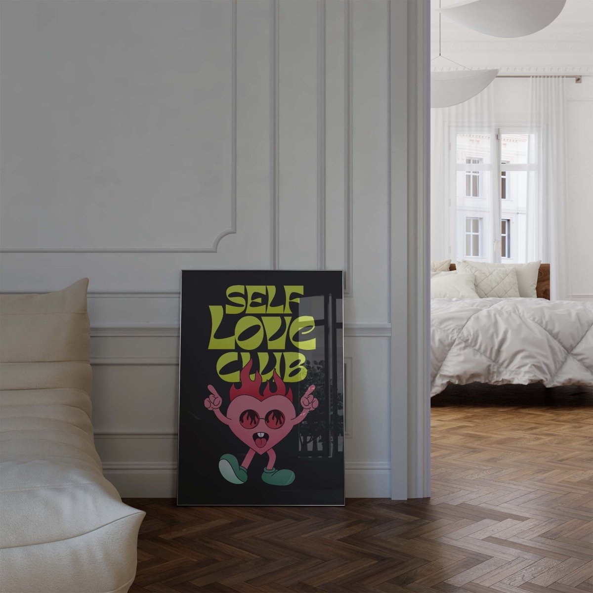 Self Love Club Poster · Flaming Herz Charakter Illustration Poster · Retro Pop Art Typografie · Print ohne Rahmen - justgoodmood