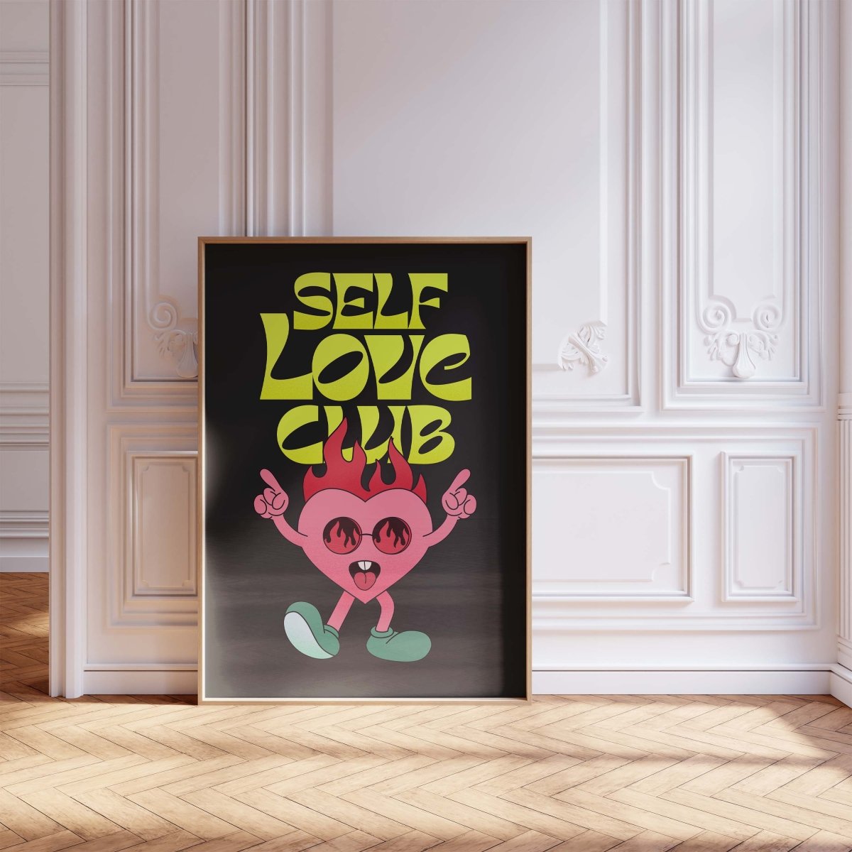 Self Love Club Poster · Flaming Herz Charakter Illustration Poster · Retro Pop Art Typografie · Print ohne Rahmen - justgoodmood