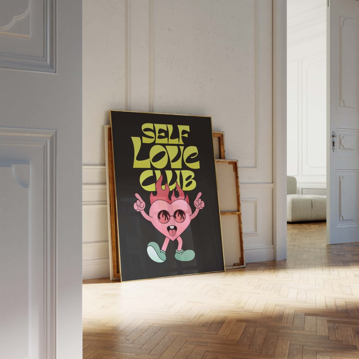 Self Love Club Poster · Flaming Herz Charakter Illustration Poster · Retro Pop Art Typografie · Print ohne Rahmen - justgoodmood