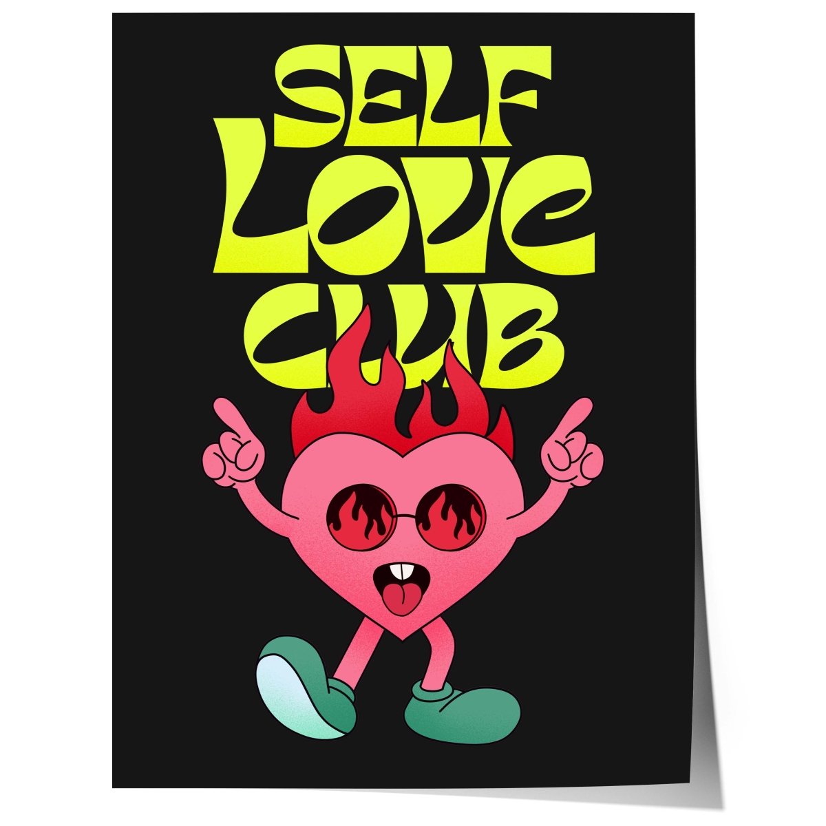 Self Love Club Poster · Flaming Herz Charakter Illustration Poster · Retro Pop Art Typografie · Print ohne Rahmen - justgoodmood
