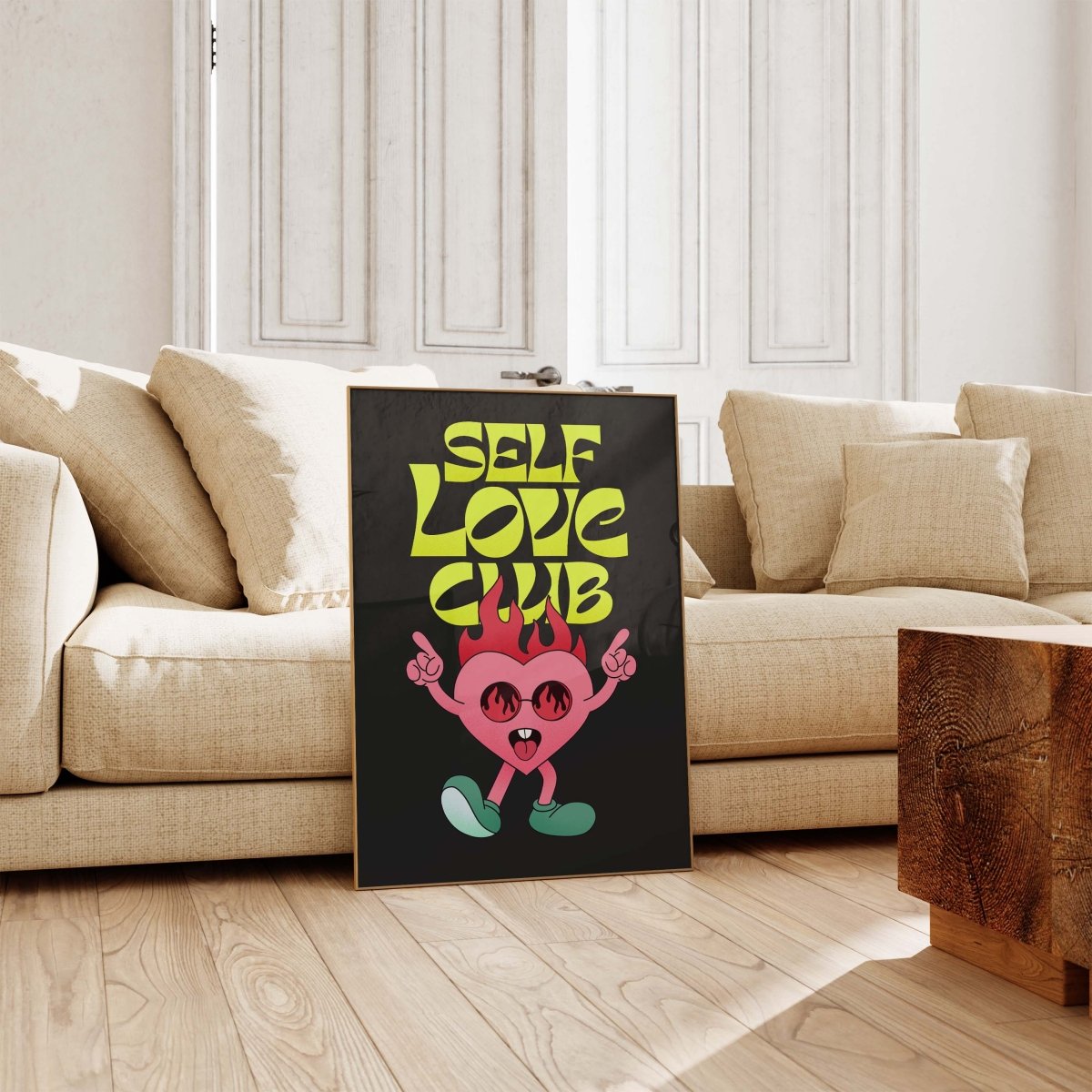 Self Love Club Poster · Flaming Herz Charakter Illustration Poster · Retro Pop Art Typografie · Print ohne Rahmen - justgoodmood