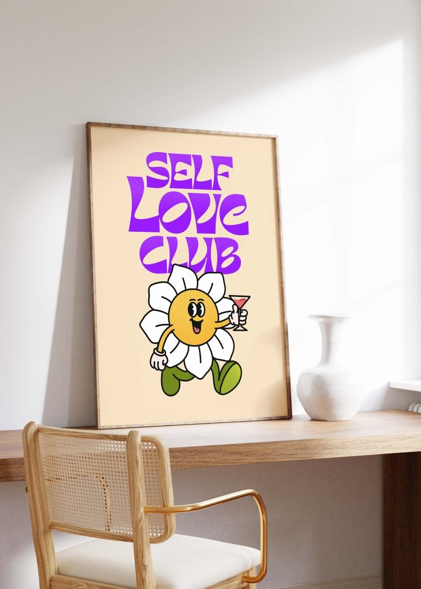 Self Love Club Poster · Retro Blumen Charakter Illustration Poster · Verspielte Pop Art Typografie · Print ohne Rahmen - justgoodmood